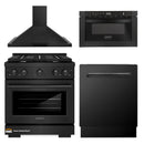 ZLINE 4-Piece Appliance Package - 30-Inch Gas Range, Microwave Drawer, Wall Mount Hood, and 3-Rack Dishwasher in Black Stainless Steel (4KP-SGRBRH30-MWDWV)