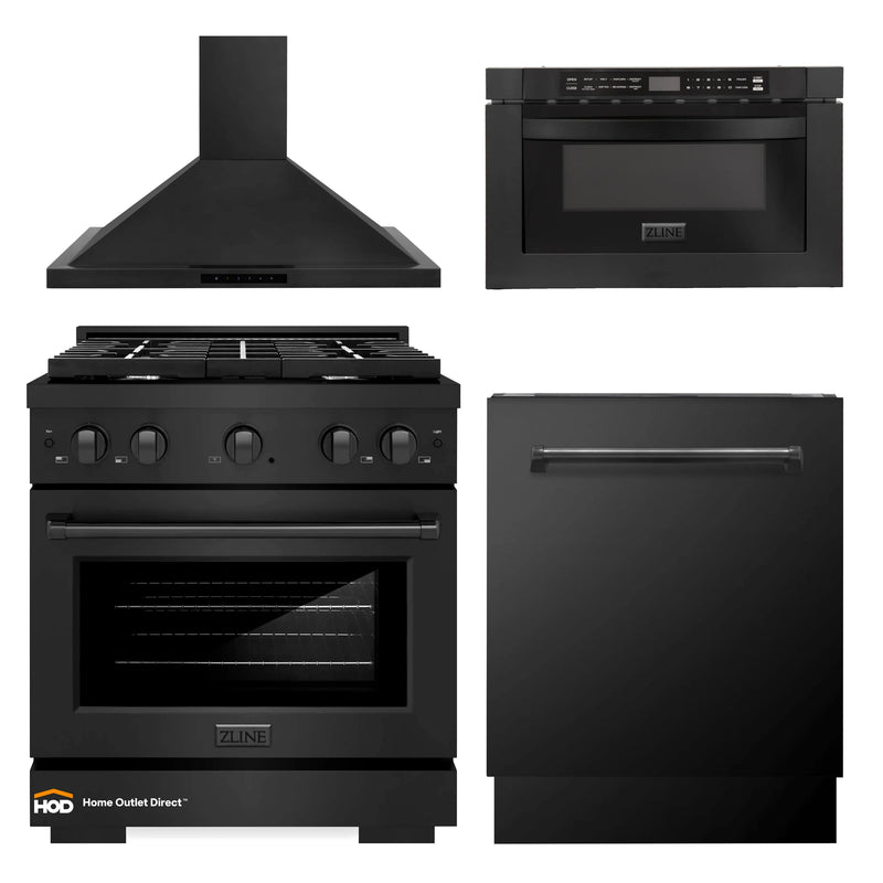 ZLINE 4-Piece Appliance Package - 30-Inch Gas Range, Microwave Drawer, Wall Mount Hood, and 3-Rack Dishwasher in Black Stainless Steel (4KP-RGBRH30-MWDWV)