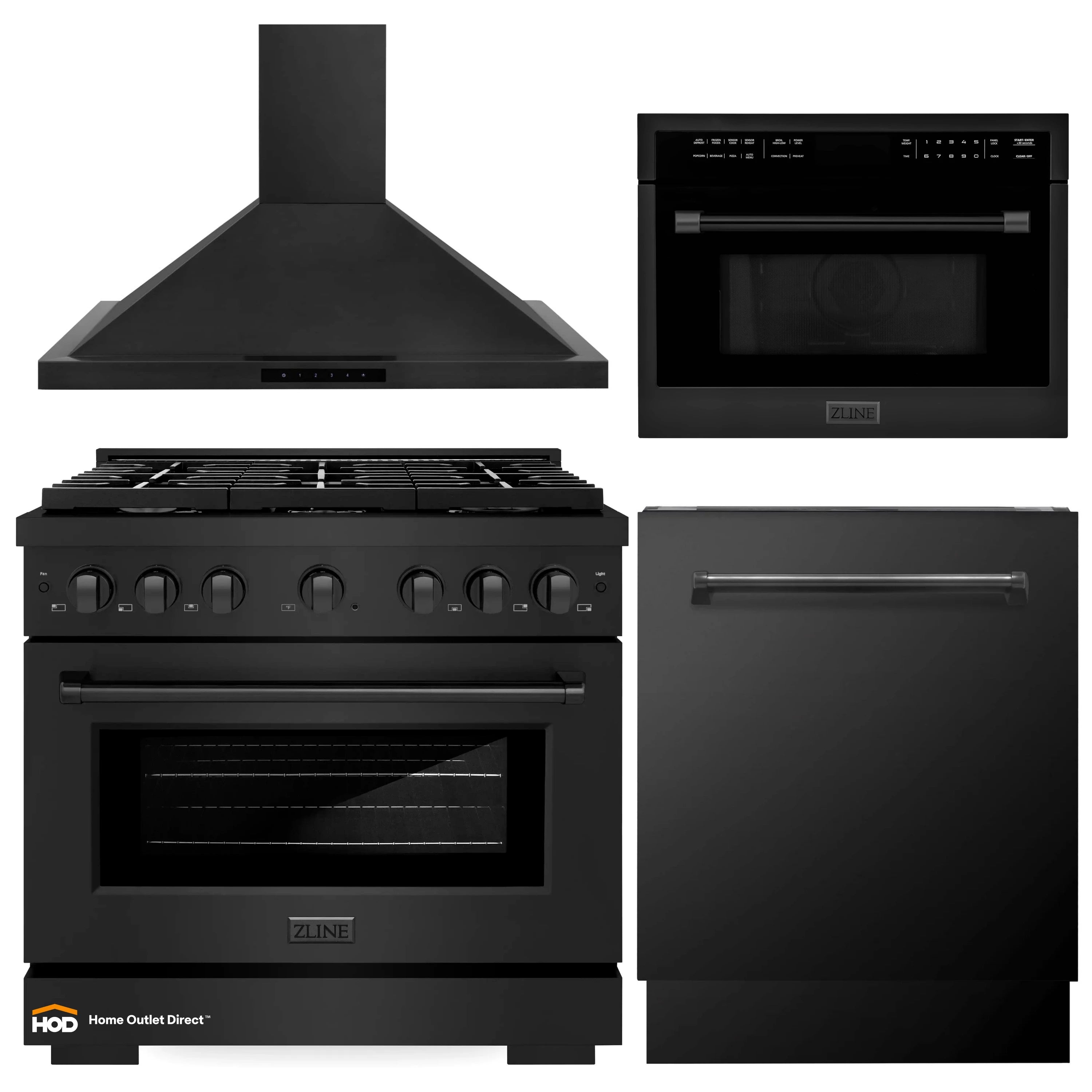 Black appliance package showing gas range, microwave, hood, and dishwasher fronts