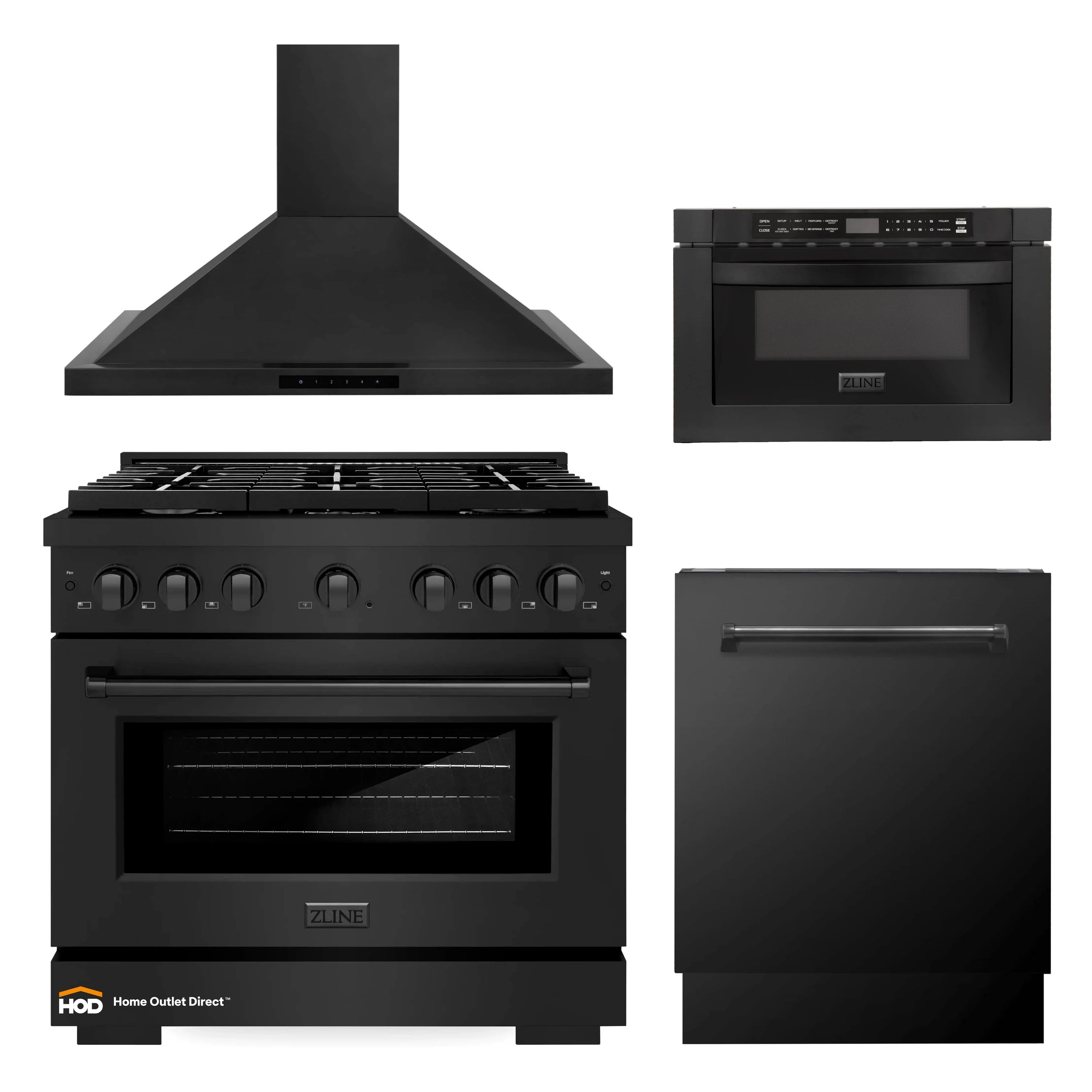 Black appliance package: range hood, gas range, microwave drawer, and dishwasher