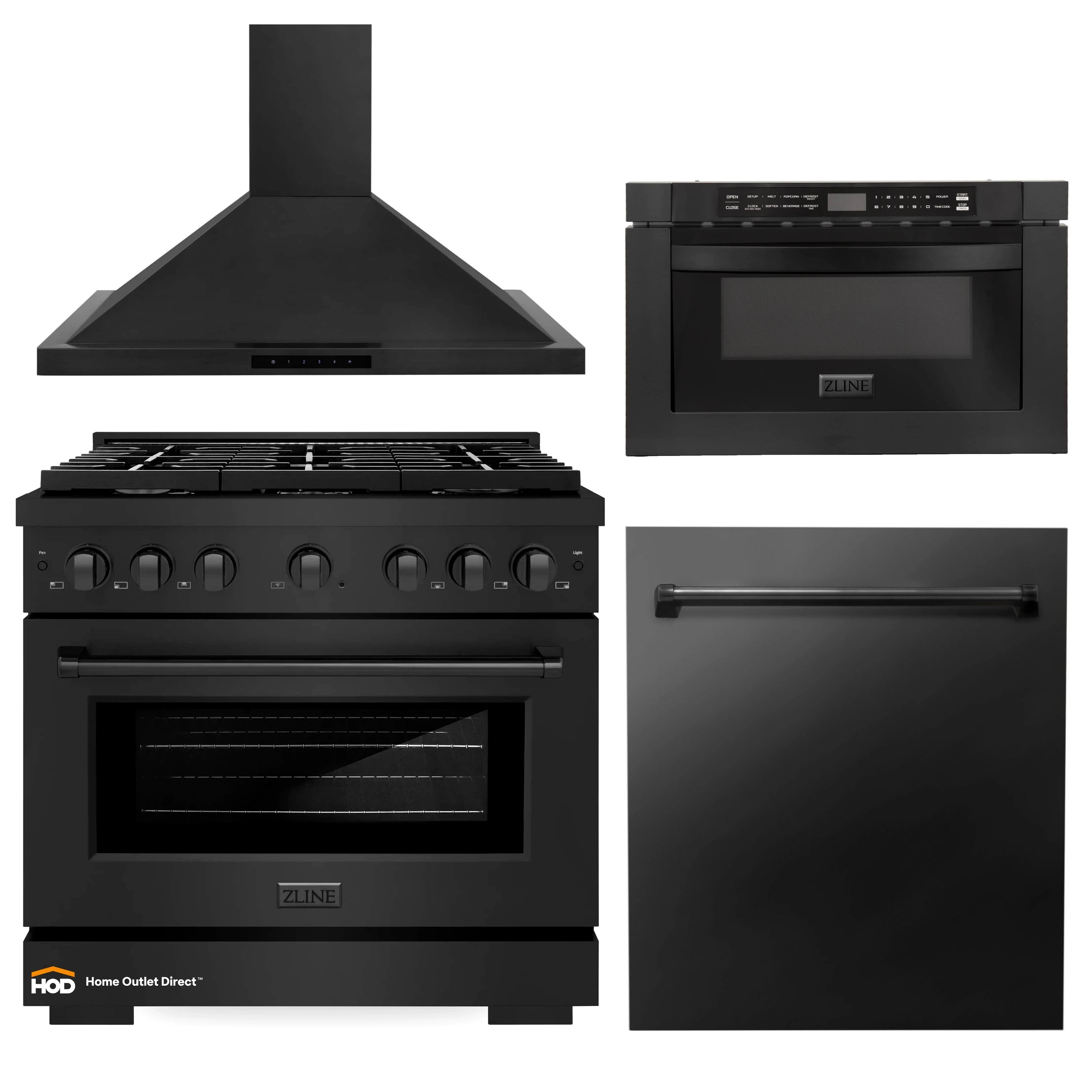 Black stainless appliance package with range hood, gas range, microwave drawer and dishwasher