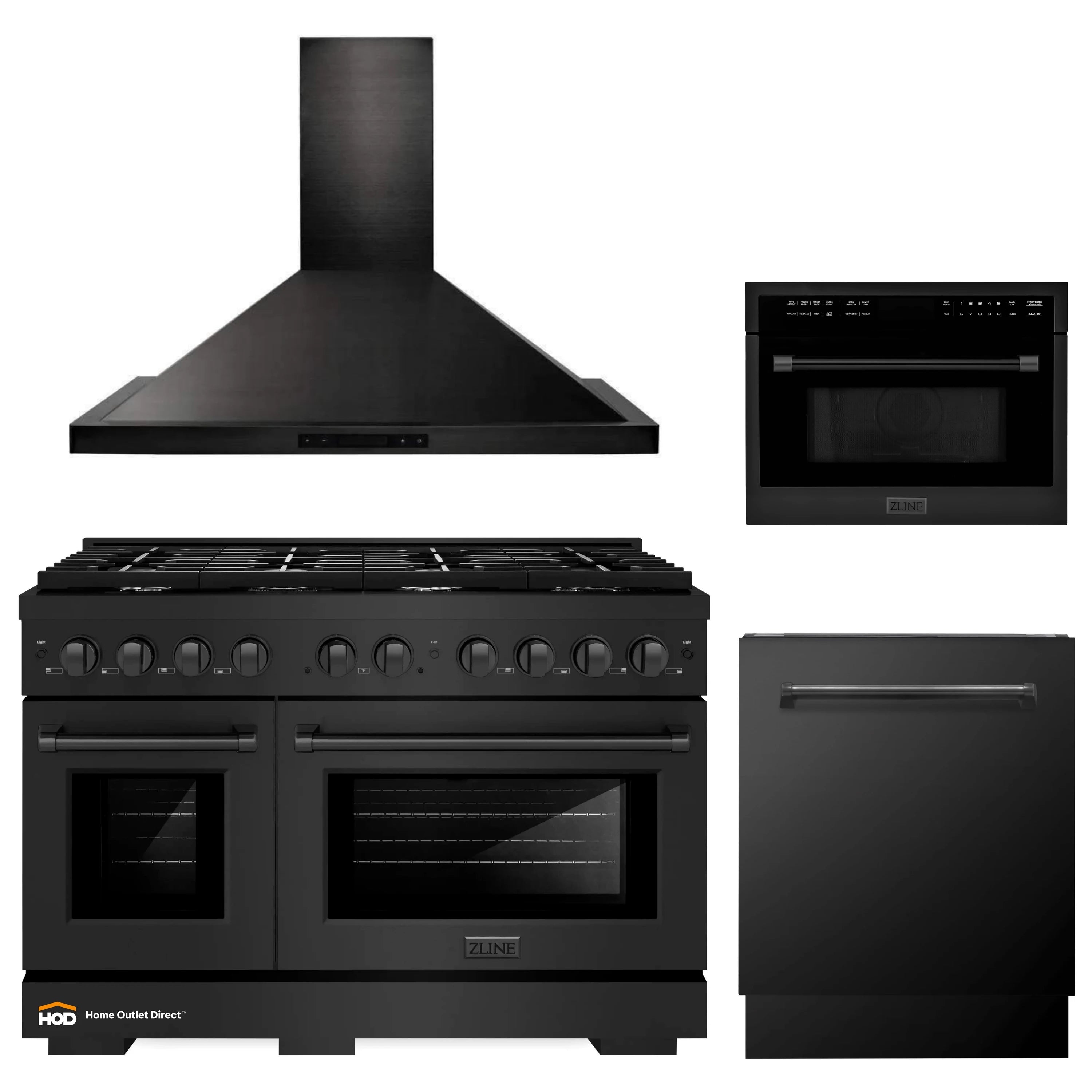 Black stainless 4-piece appliance set: hood, gas range, microwave, dishwasher