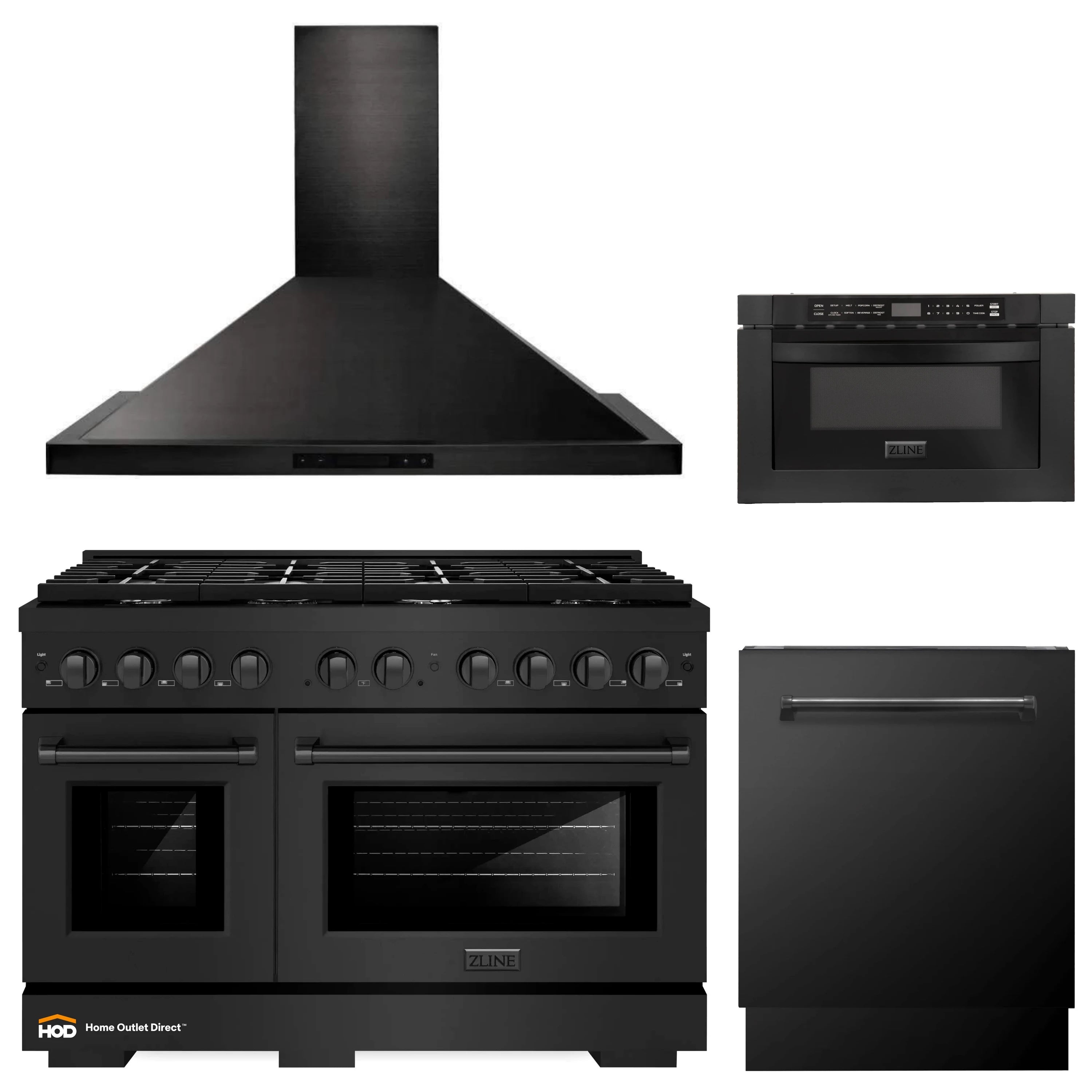 Stainless appliance package: range, wall hood, microwave drawer, and dishwasher