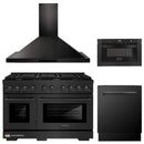 ZLINE 4-Piece Appliance Package - 48-Inch Gas Range, Convertible Wall Mount Hood, Microwave Drawer, and 3-Rack Dishwasher in Black Stainless Steel (4KP-SGRBRH48-MWDWV)