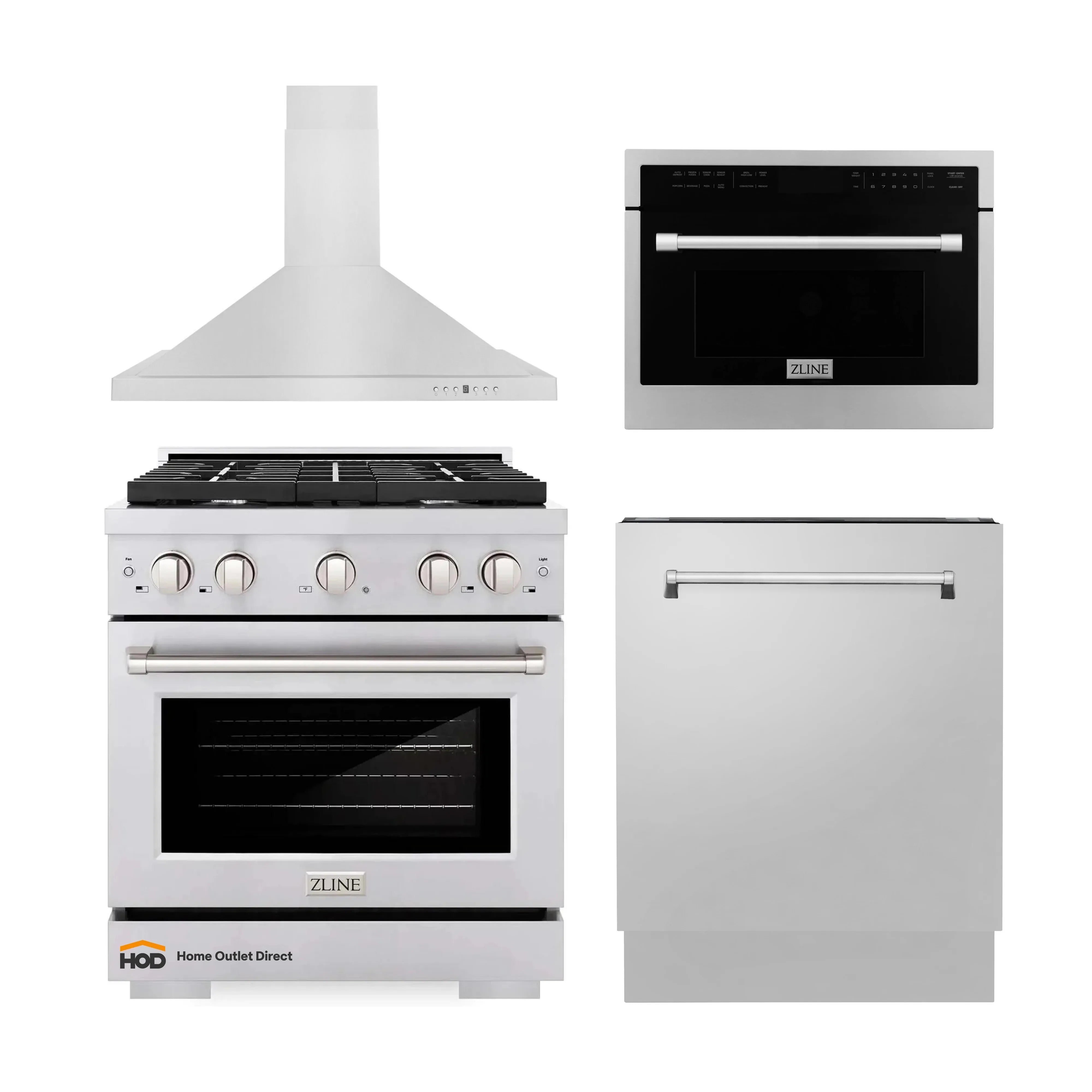 4-piece kitchen appliance package: gas range, tall tub dishwasher, microwave, and hood