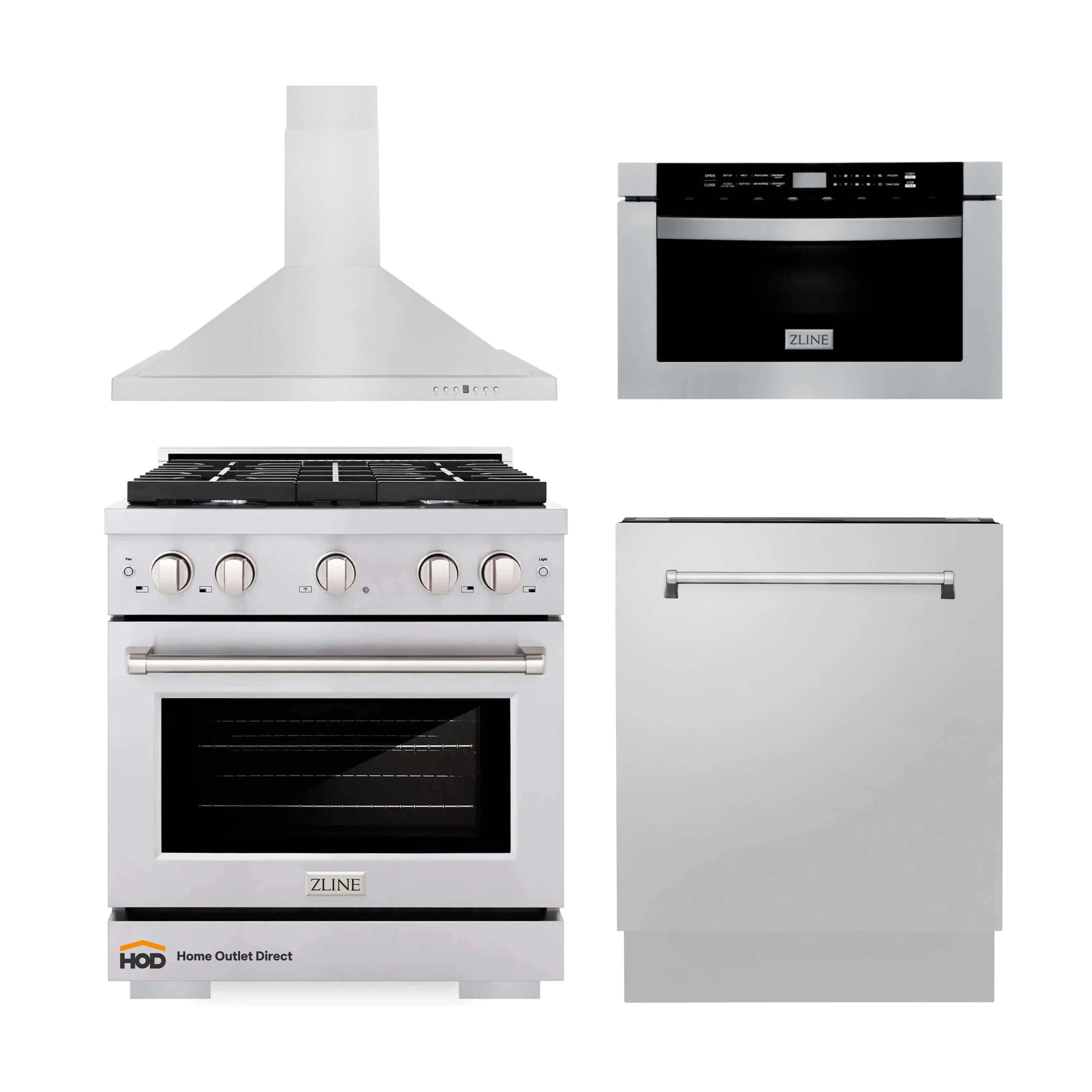 Stainless kitchen appliances set: range with oven, hood, microwave drawer, and dishwasher