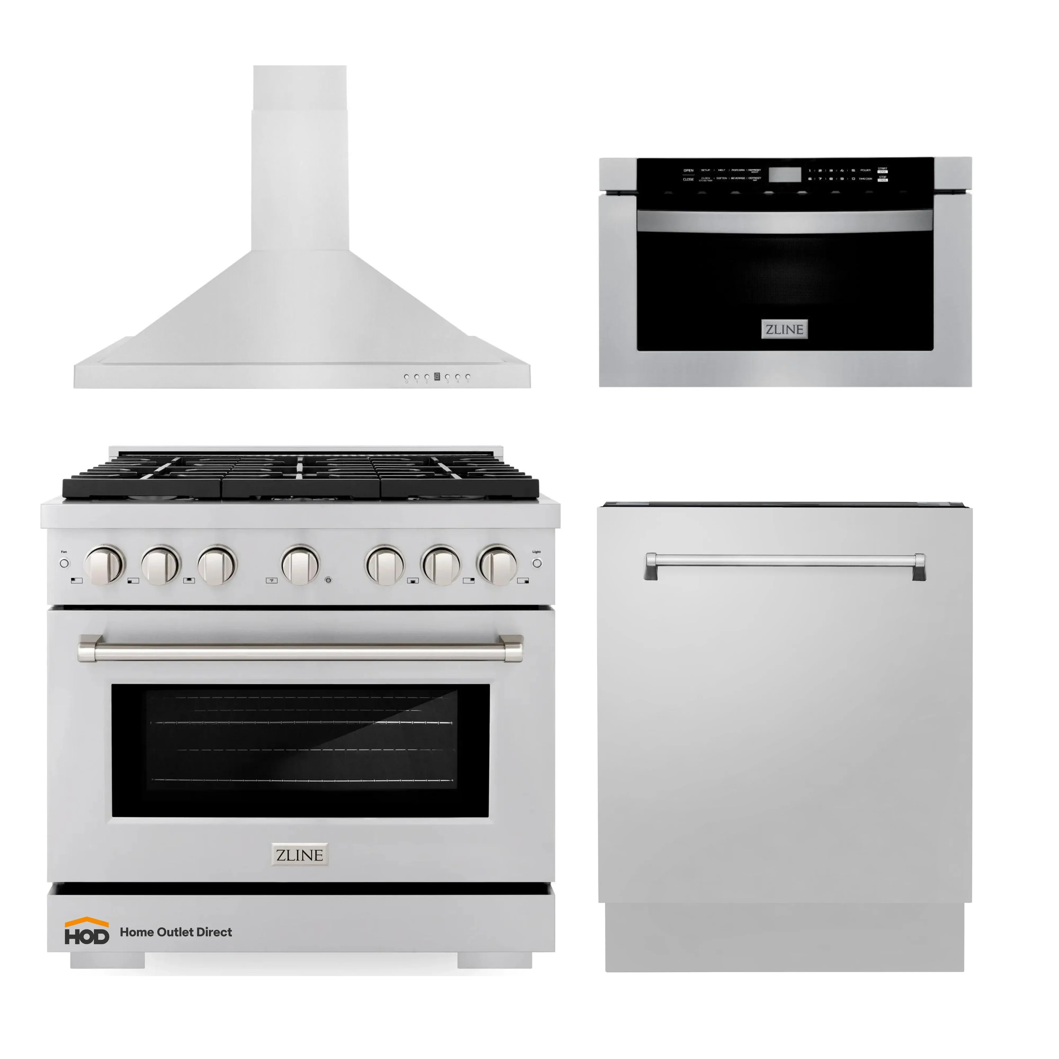 ZLINE 4-piece appliance package showing gas range, hood, microwave, and dishwasher