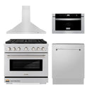 ZLINE 4-Piece Appliance Package - 36-inch Gas Range, Tall Tub Dishwasher, Microwave Drawer & Premium Hood (4KP-SGRRH36-MWDWV)