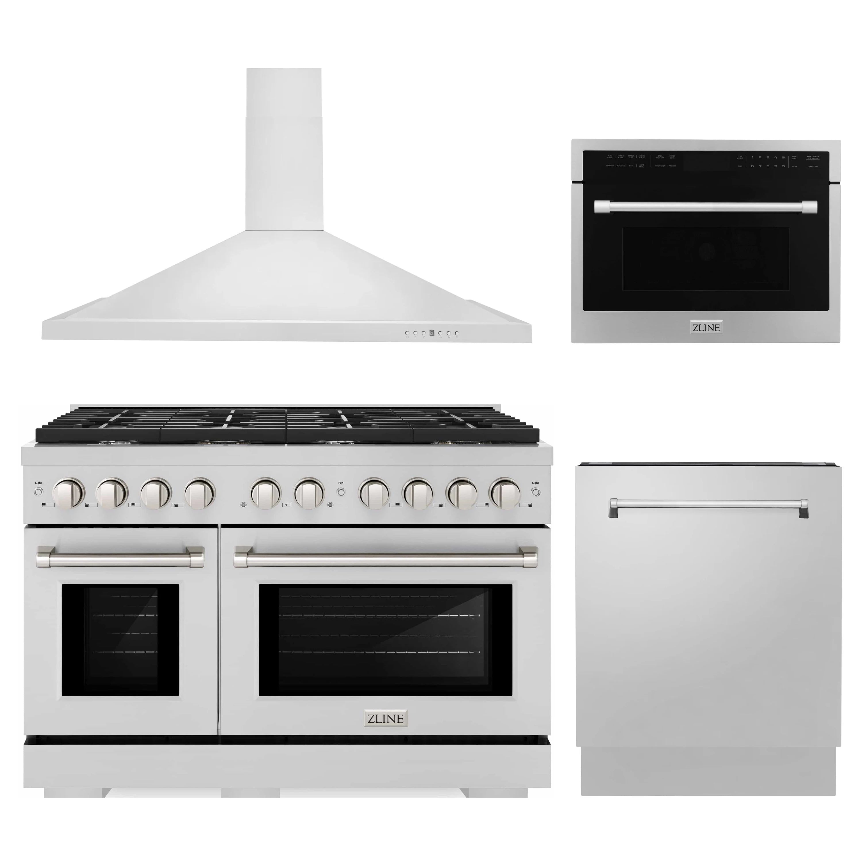 ZLINE 4-piece white appliance set: gas range, hood, microwave, dishwasher.