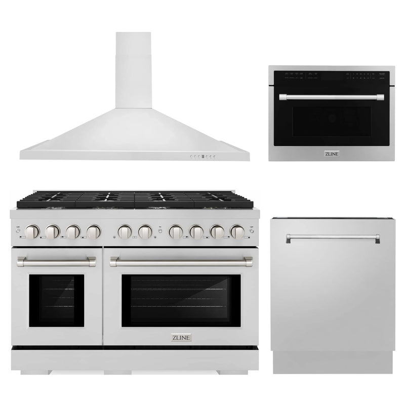 ZLINE 4-Piece Appliance Package - 48-Inch Gas Range, Tall Tub Dishwasher, Microwave Oven & Premium Hood (4KP-RGRH48-MODWV)