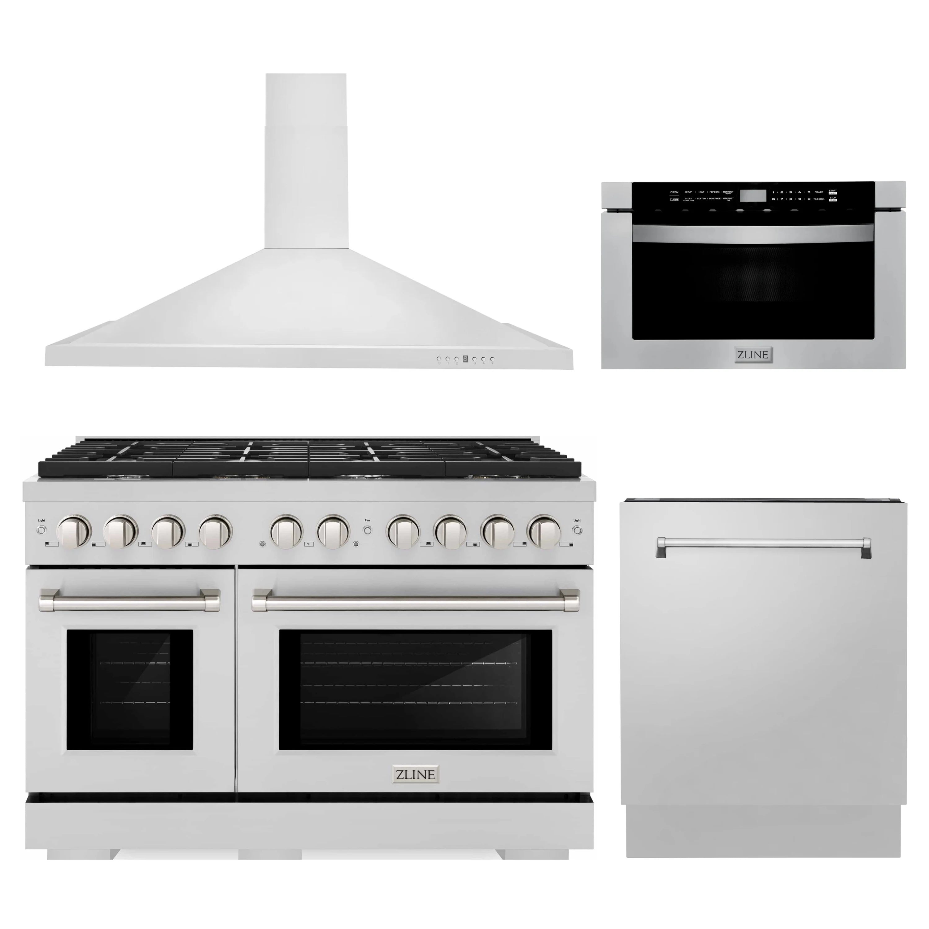 Stainless steel 4-piece kitchen appliance package with gas range, hood, and dishwasher