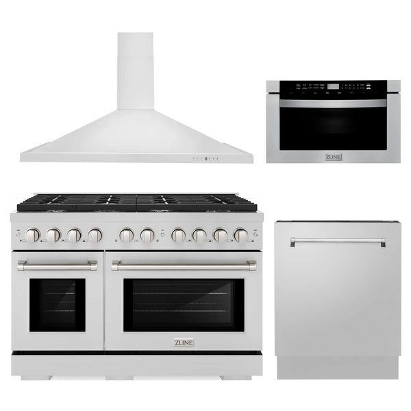 ZLINE 4-Piece Appliance Package - 48-Inch Gas Range, Tall Tub Dishwasher, Microwave Drawer & Convertible Wall Mount Hood (4KP-RGRH48-MWDWV)
