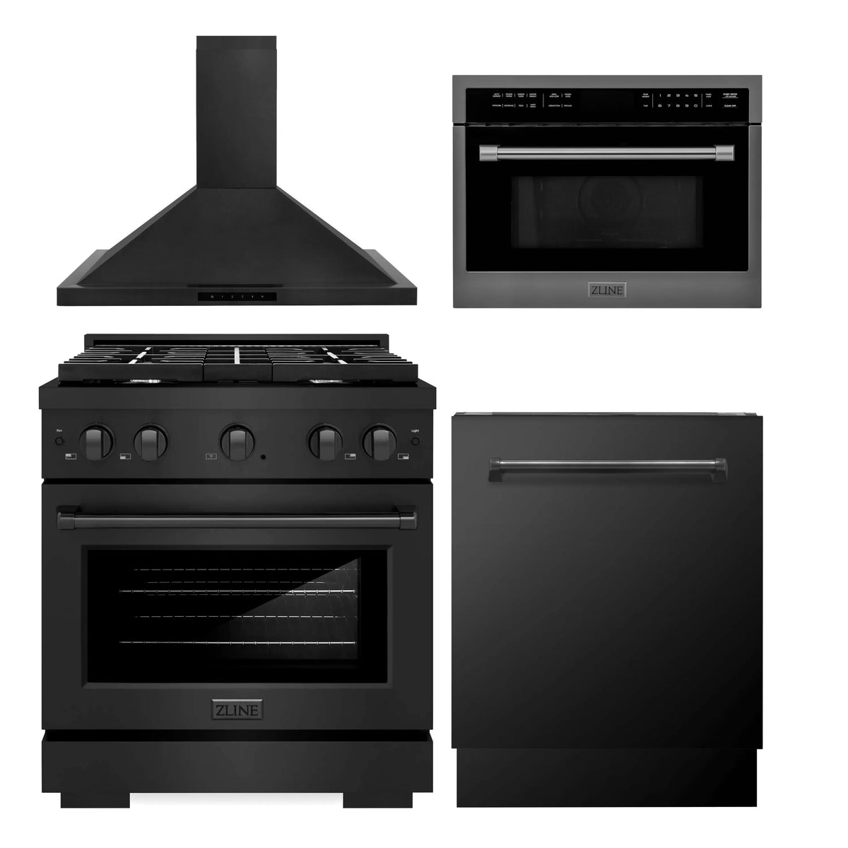 ZLINE 4-Piece Appliance Package - 30-Inch Gas Range, Convertible Wall Mount Hood, Microwave Oven, and 3-Rack Dishwasher in Black Stainless Steel (4KP-SGRBRH30-MODWV)