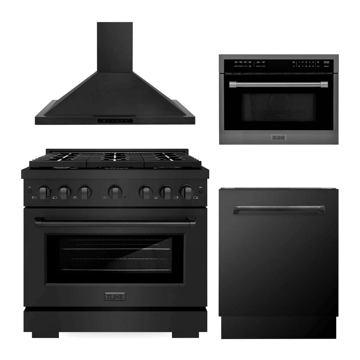 ZLINE 4-Piece Appliance Package - 36-Inch Gas Range, Convertible Wall Mount Hood, Microwave Oven, and 3-Rack Dishwasher in Black Stainless Steel (4KP-SGRBRH36-MODWV)