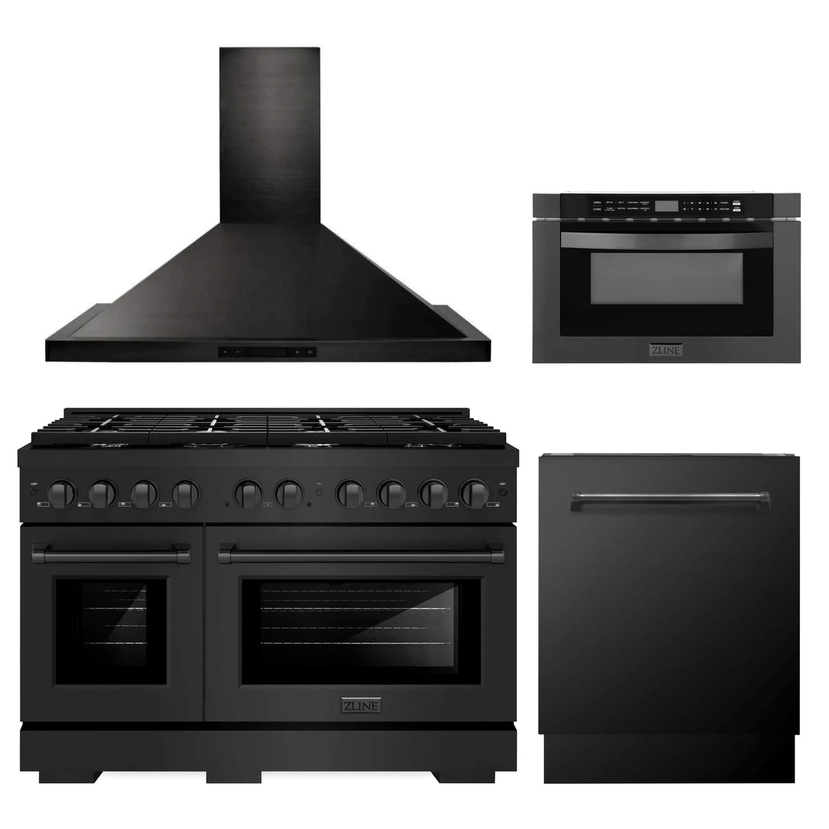 ZLINE 4-Piece Appliance Package - 48-Inch Gas Range, Convertible Wall Mount Hood, Microwave Drawer, and 3-Rack Dishwasher in Black Stainless Steel (4KP-SGRBRH48-MWDWV)
