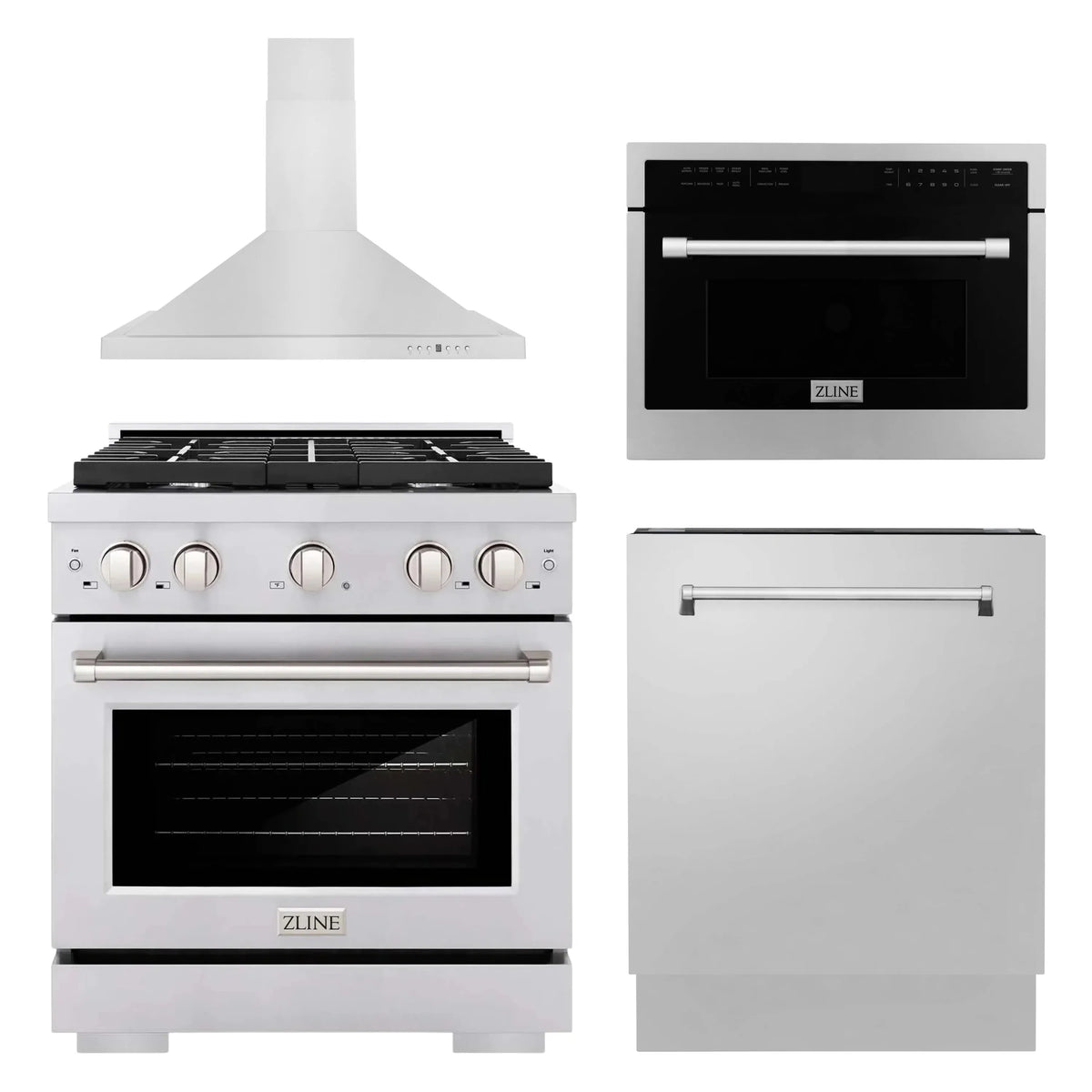 ZLINE 4-Piece Appliance Package - 30-Inch Gas Range, Tall Tub Dishwasher, Microwave Oven & Premium Hood (4KP-SGRRH30-MODWV)