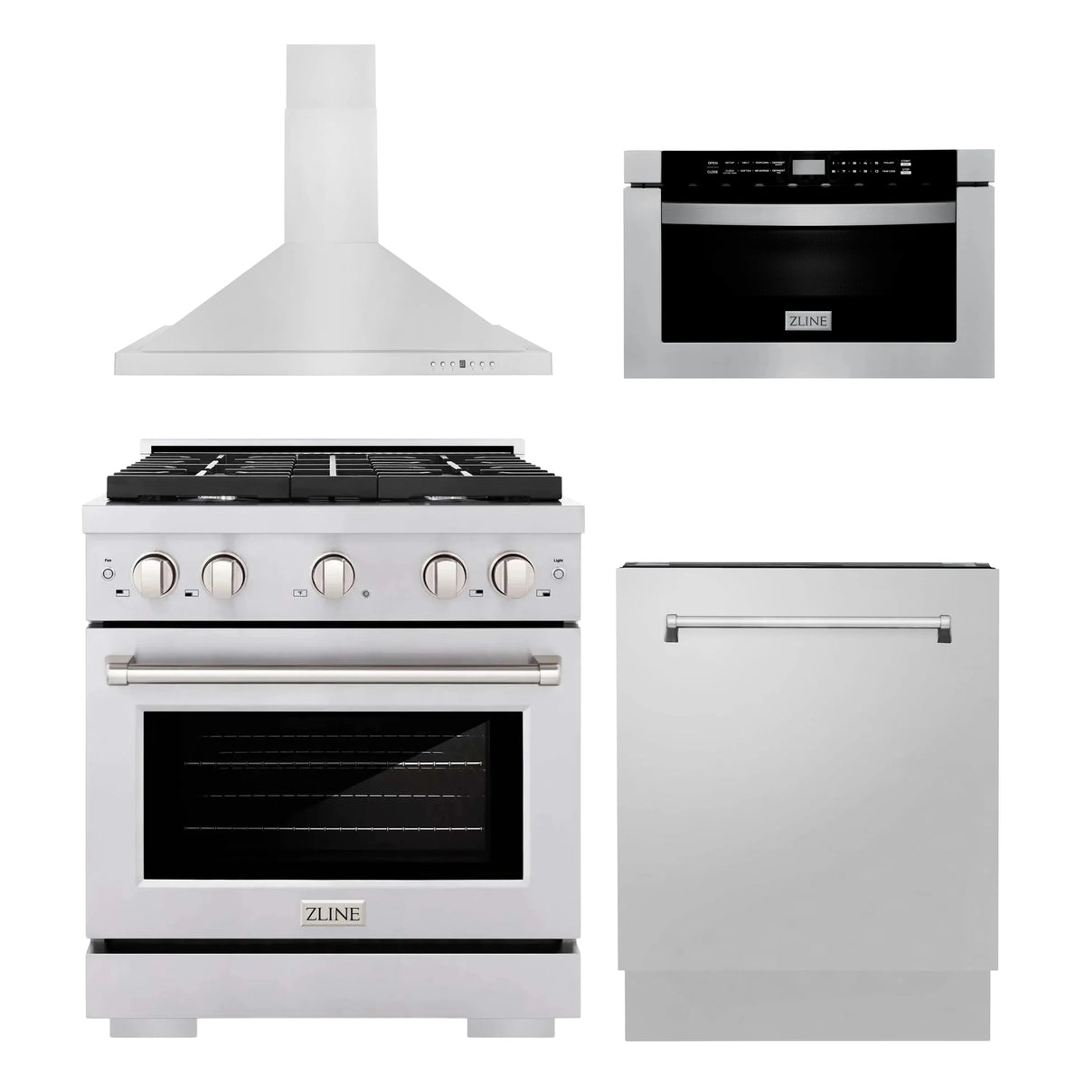 ZLINE 4-Piece Appliance Package - 30-inch Gas Range, Tall Tub Dishwasher, Microwave Drawer & Premium Hood (4KP-SGRRH30-MWDWV)
