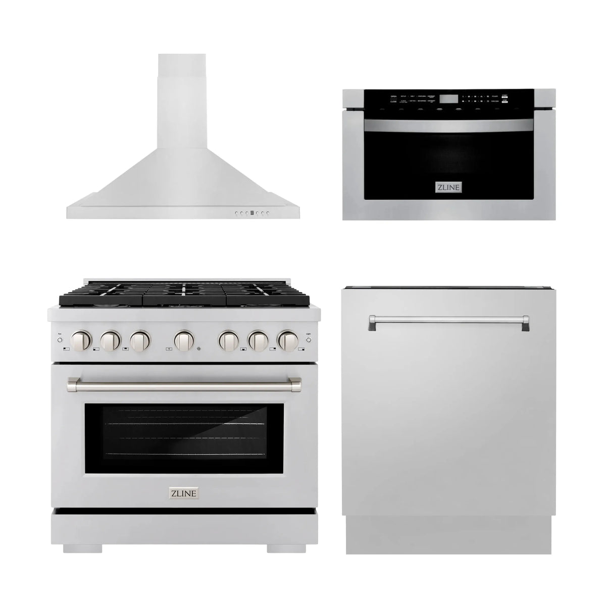 ZLINE 4-Piece Appliance Package - 36-inch Gas Range, Tall Tub Dishwasher, Microwave Drawer & Premium Hood (4KP-SGRRH36-MWDWV)