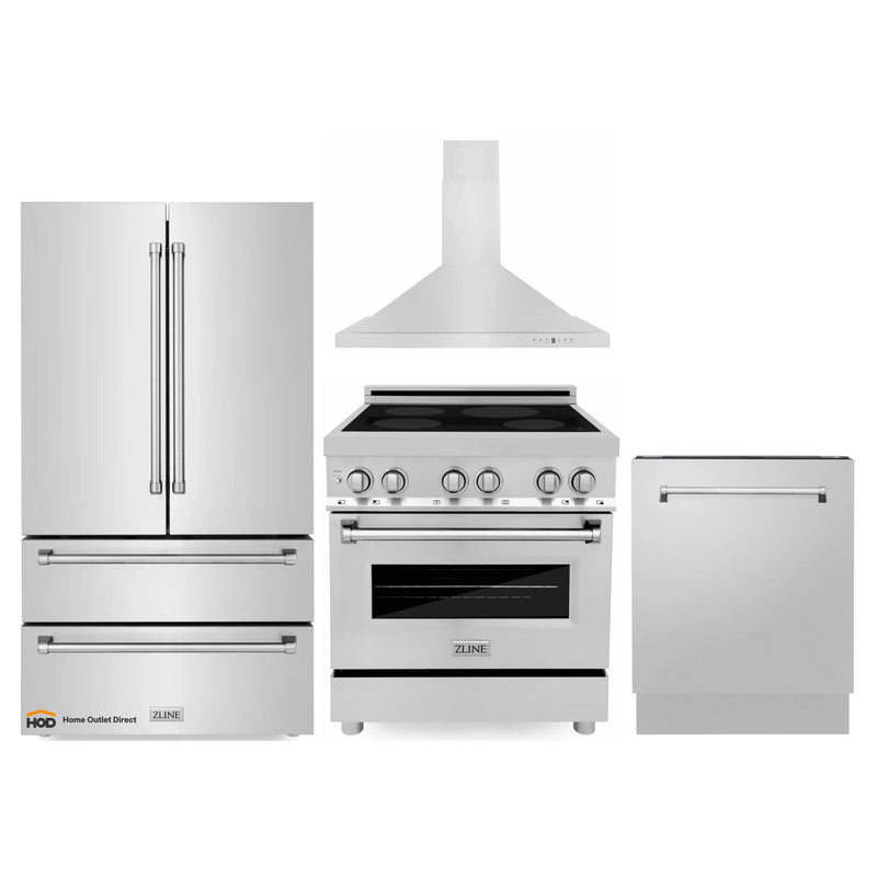 ZLINE 4-Piece Appliance Package - 30-Inch Induction Range, Wall Mount Range Hood, French Door Refrigerator, and Dishwasher in Stainless Steel