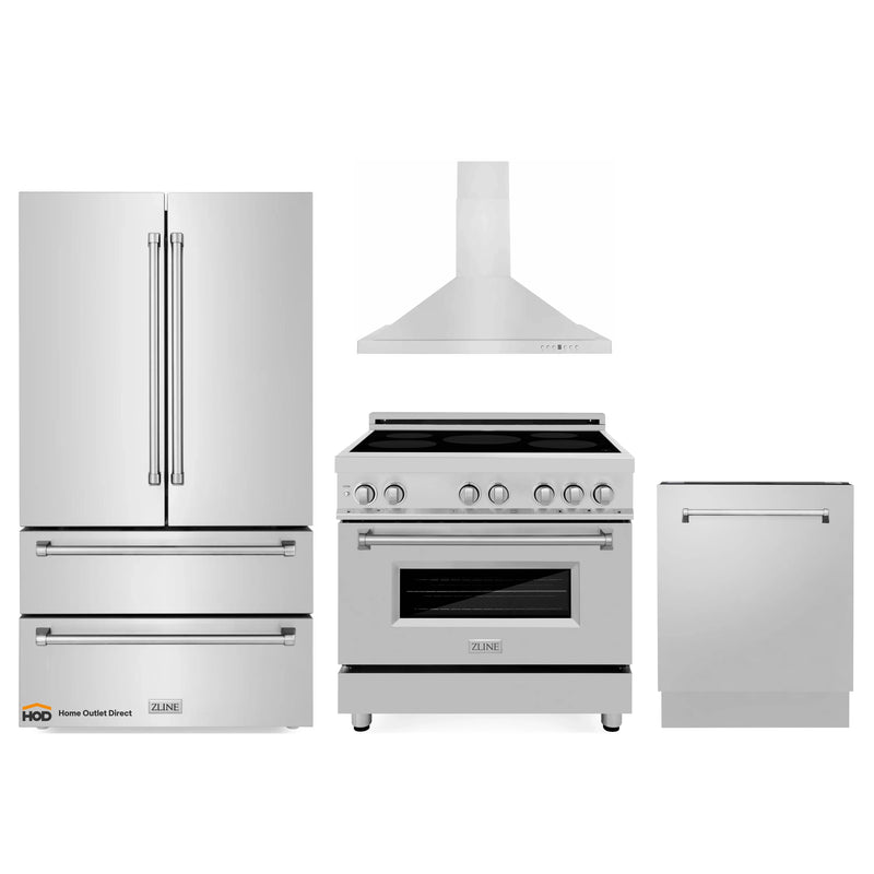 ZLINE 4-Piece Appliance Package - 36-Inch Induction Range, Wall Mount Range Hood, French Door Refrigerator, and Dishwasher in Stainless Steel