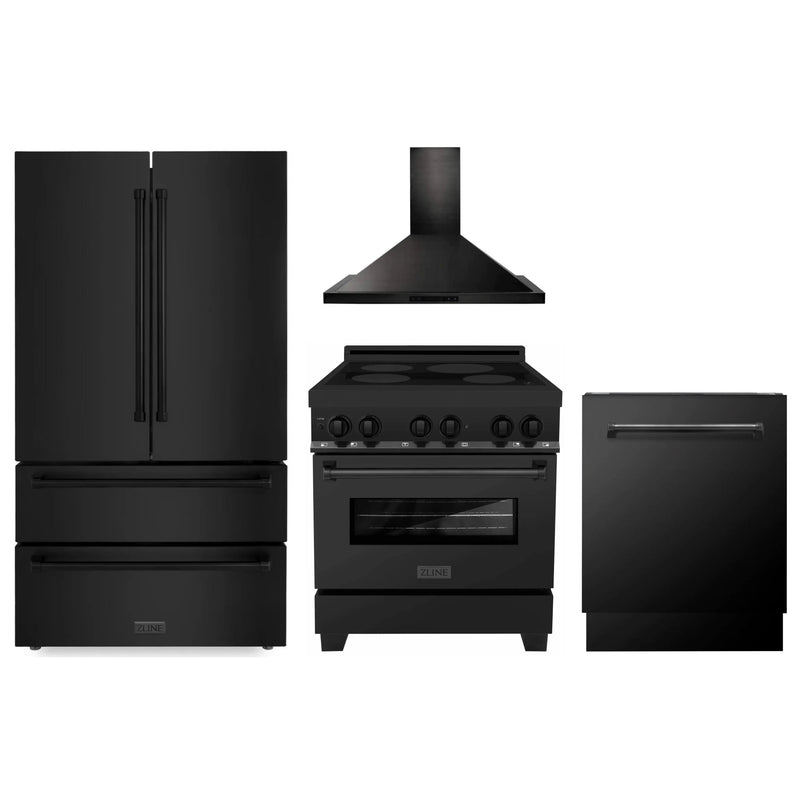 ZLINE 4-Piece Appliance Package - 30-Inch Induction Range, Wall Mount Range Hood, French Door Refrigerator, and Dishwasher in Black Stainless Steel