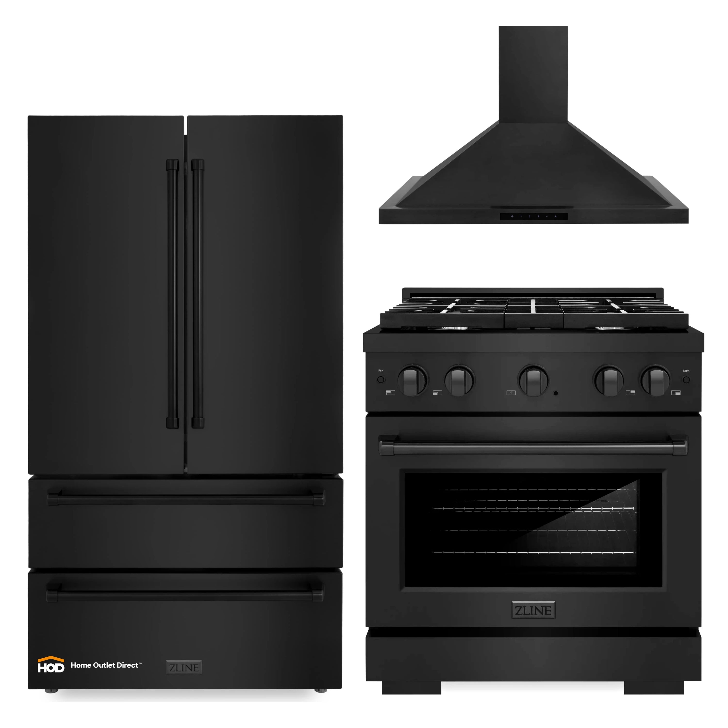 Black refrigerator, gas range, and wall-mounted hood appliance set