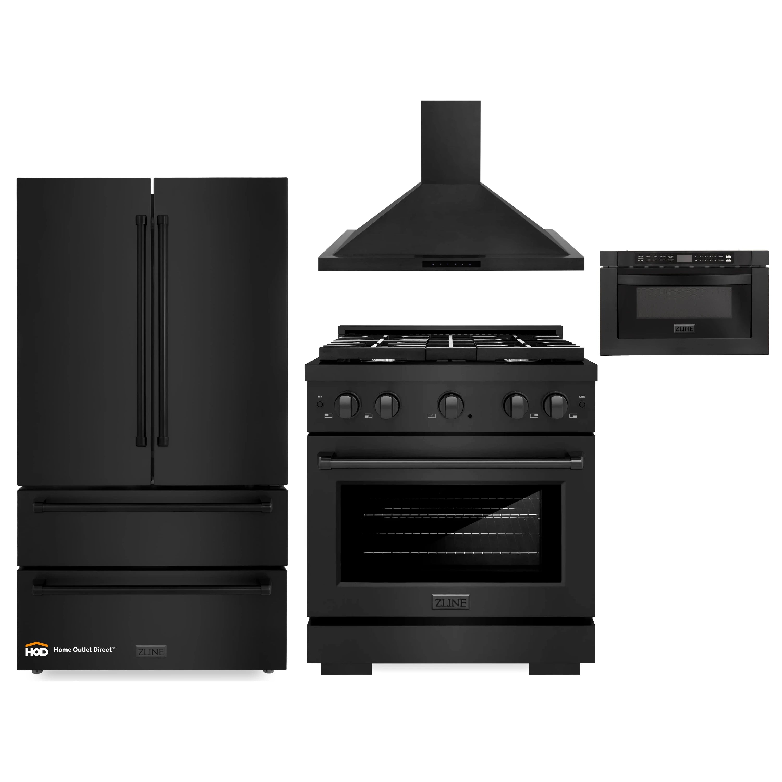 4-piece black appliance set: refrigerator, gas range, microwave, and wall hood