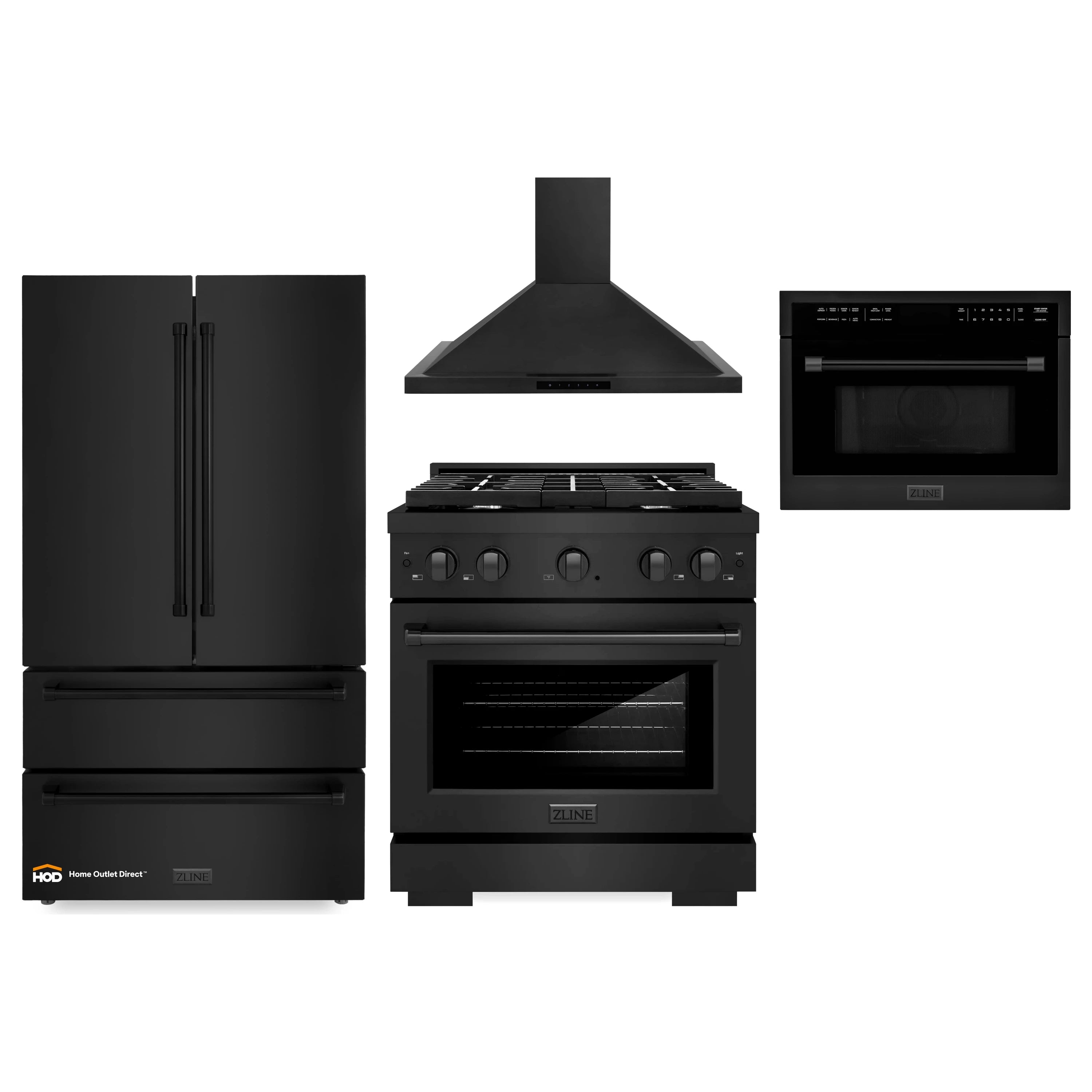ZLINE appliance package in black stainless: refrigerator, gas range with hood, built-in microwave