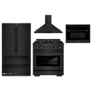 ZLINE 4-Piece Appliance Package - 30-Inch Gas Range, Refrigerator, Convertible Wall Mount Hood, and Microwave Oven in Black Stainless Steel (4KPR-SGRBRH30-MWO)