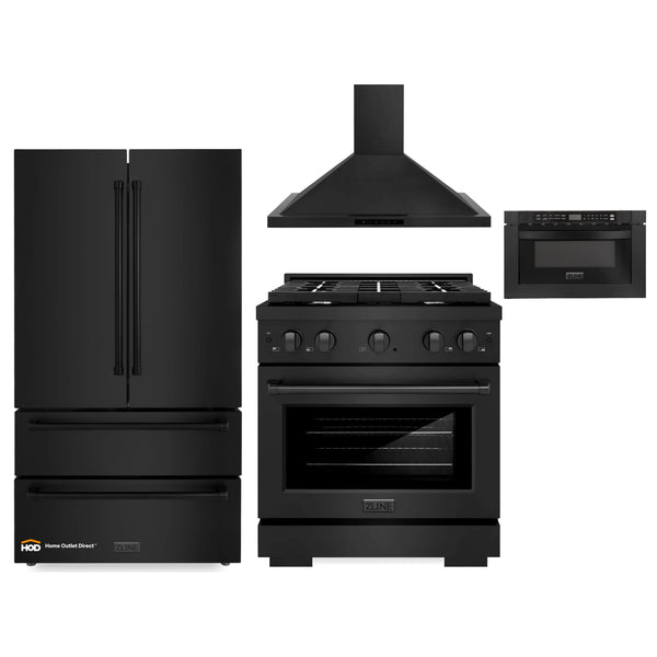 ZLINE 4-Piece Appliance Package - 30-Inch Gas Range, Refrigerator, Convertible Wall Mount Hood, and Microwave Drawer in Black Stainless Steel (4KPR-RGBRH30-MW)