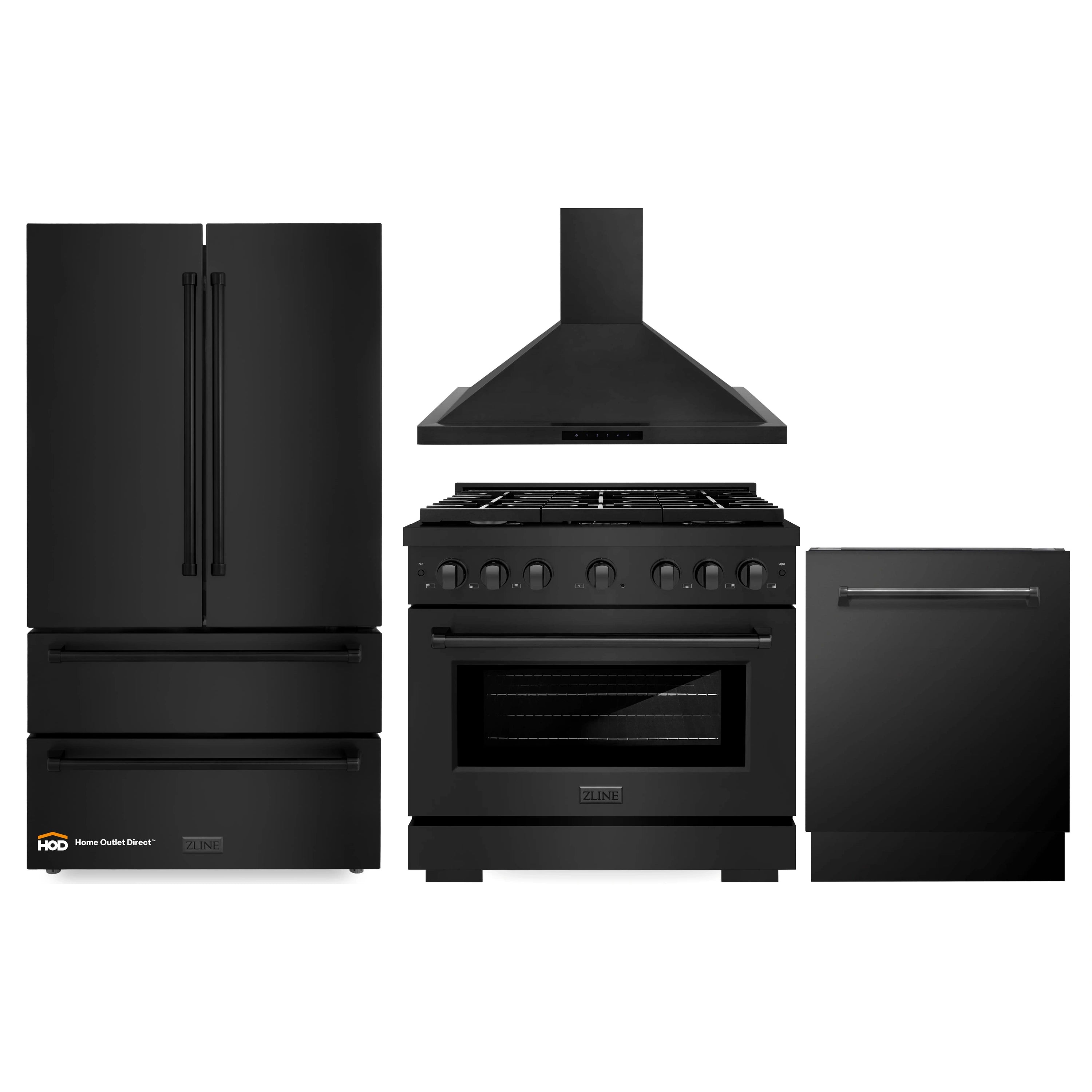 Black kitchen appliance package: gas range, vent hood, and refrigerator