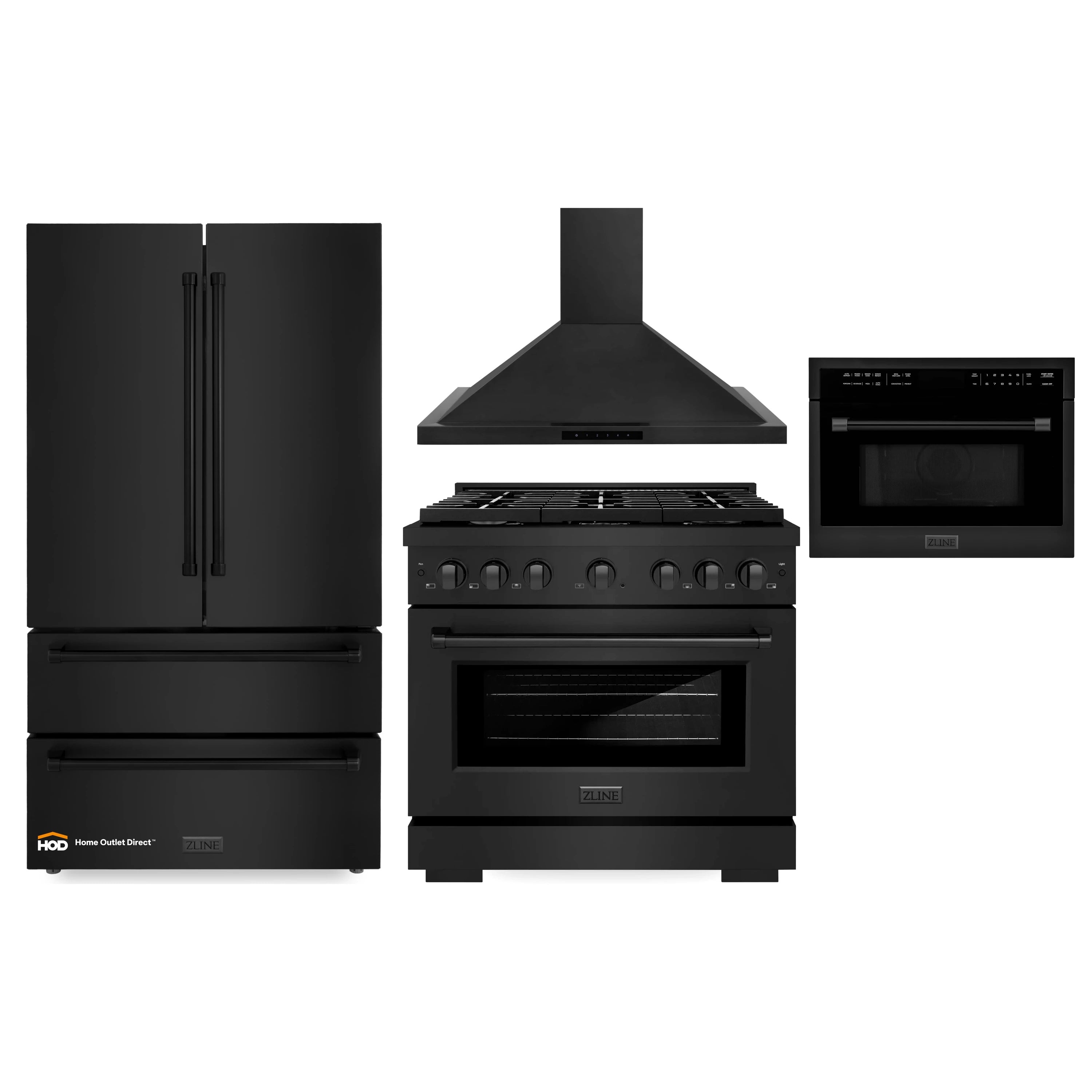 Black appliance package with refrigerator, gas range, hood, and microwave