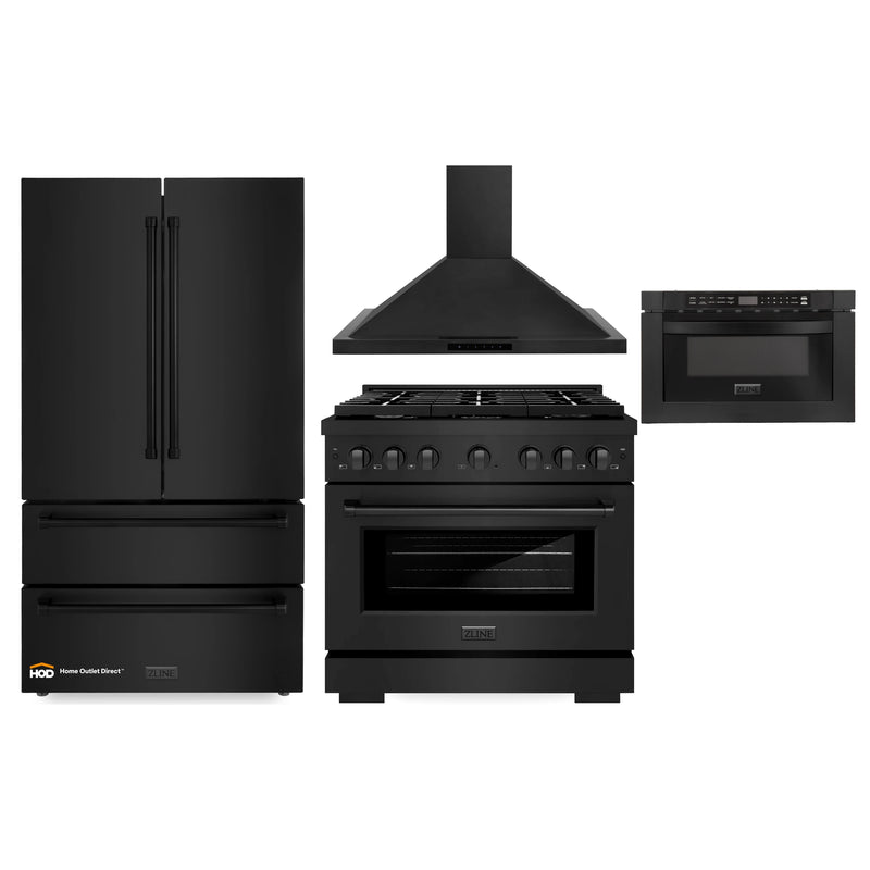 ZLINE 4-Piece Appliance Package - 36-inch Gas Range, 36-inch Refrigerator, Convertible Wall Mount Hood, and Microwave Drawer in Black Stainless Steel (4KPR-RGBRH36-MW)