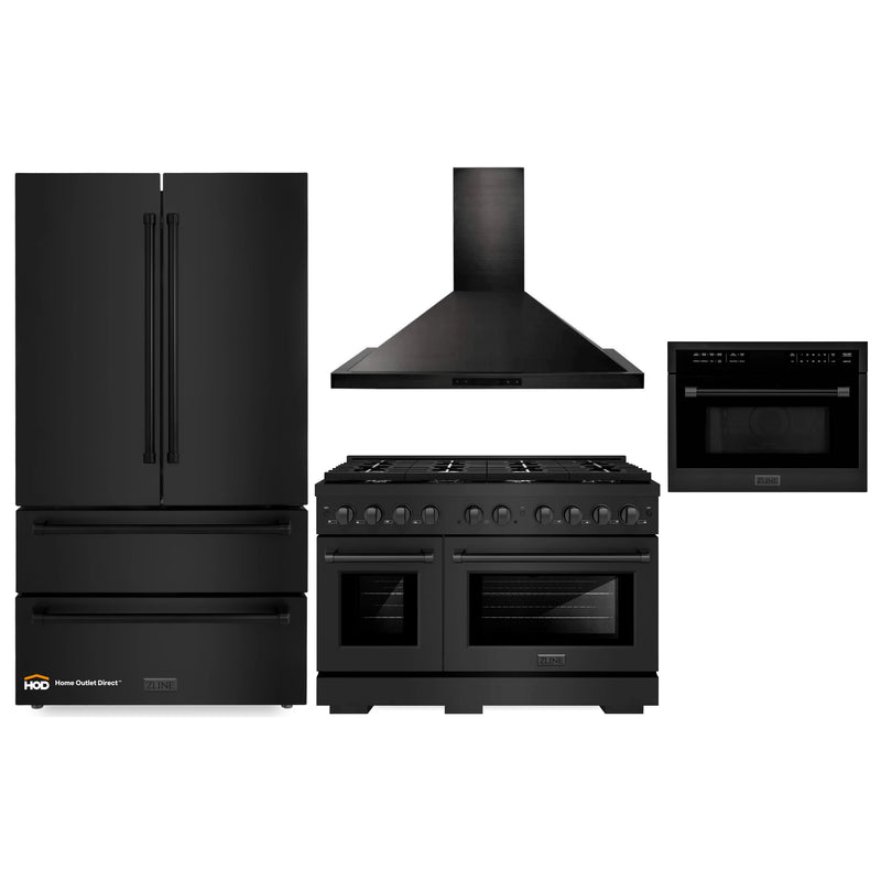 ZLINE 4-Piece Appliance Package - 48-Inch Gas Range, Refrigerator, Convertible Wall Mount Hood, and Microwave Oven in Black Stainless Steel (4KPR-RGBRH48-MWO)