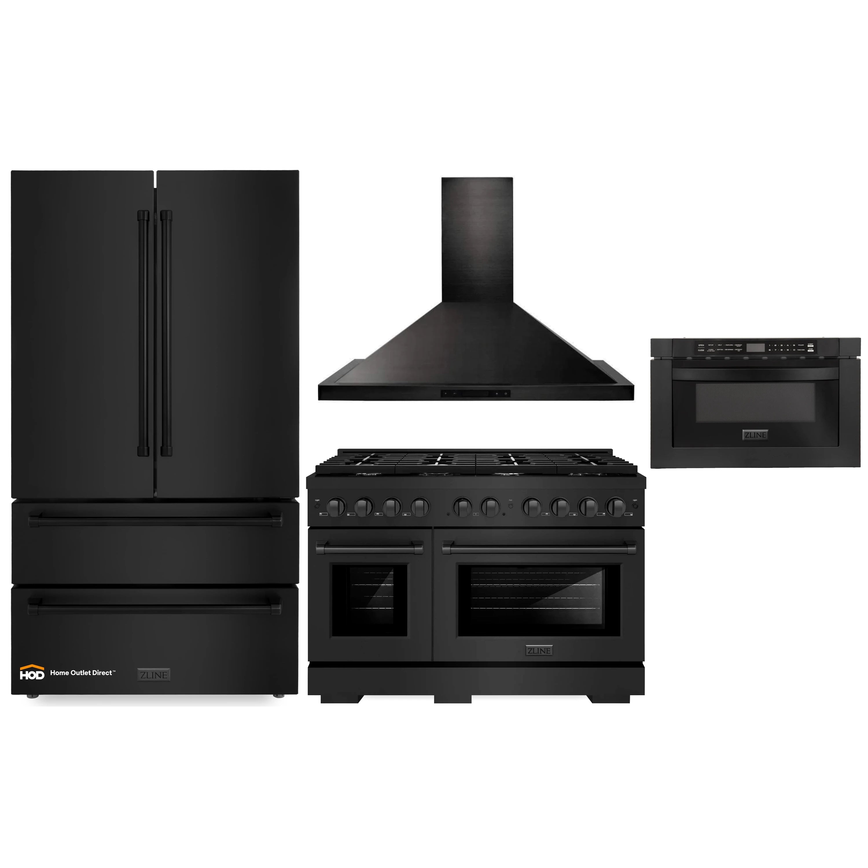 Black stainless steel appliance package: refrigerator, gas range with hood, microwave drawer.