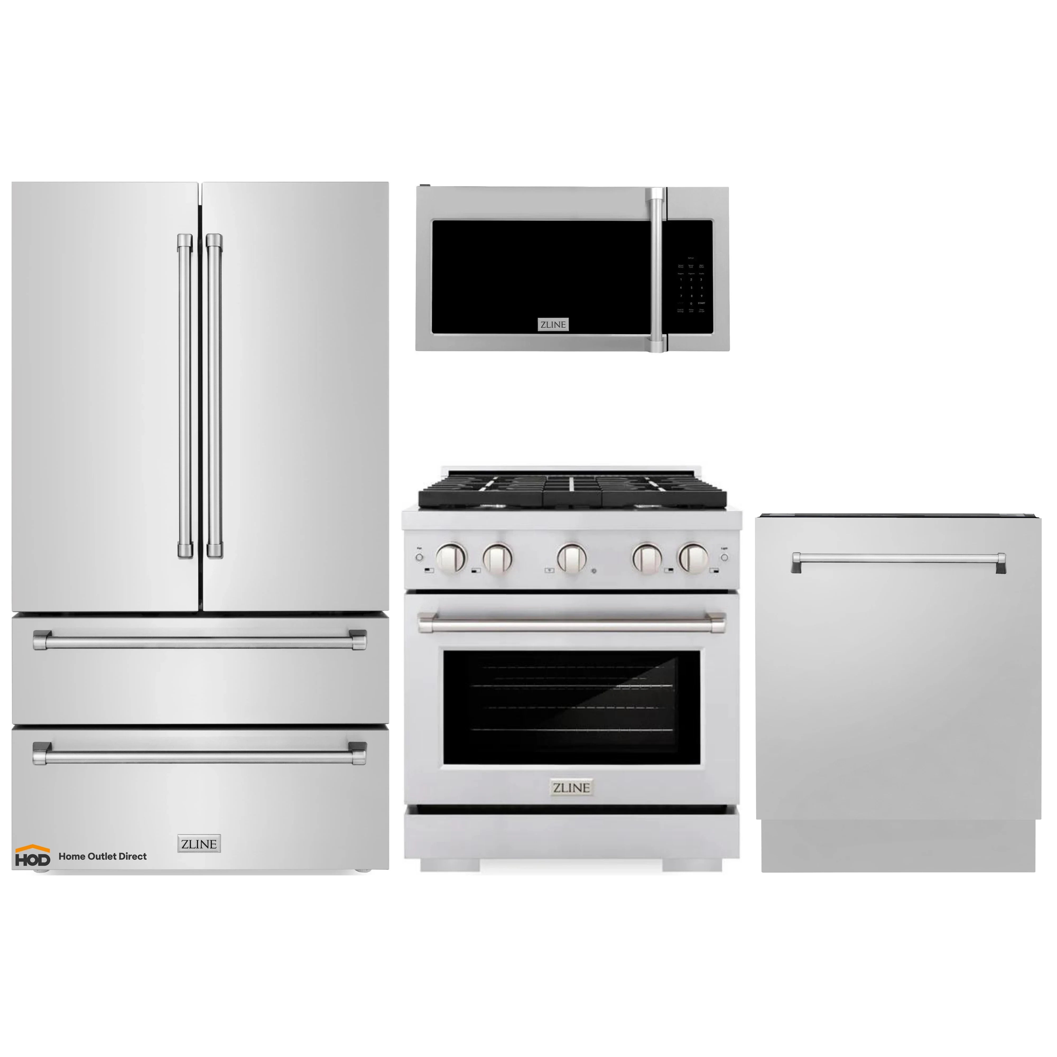 ZLINE 4-Piece Appliance Package - 30-Inch Gas Range, Refrigerator, Tall Tub Dishwasher, & Over-the-Range Microwave in Stainless Steel (4KPR-SGROTRH30-DWV)