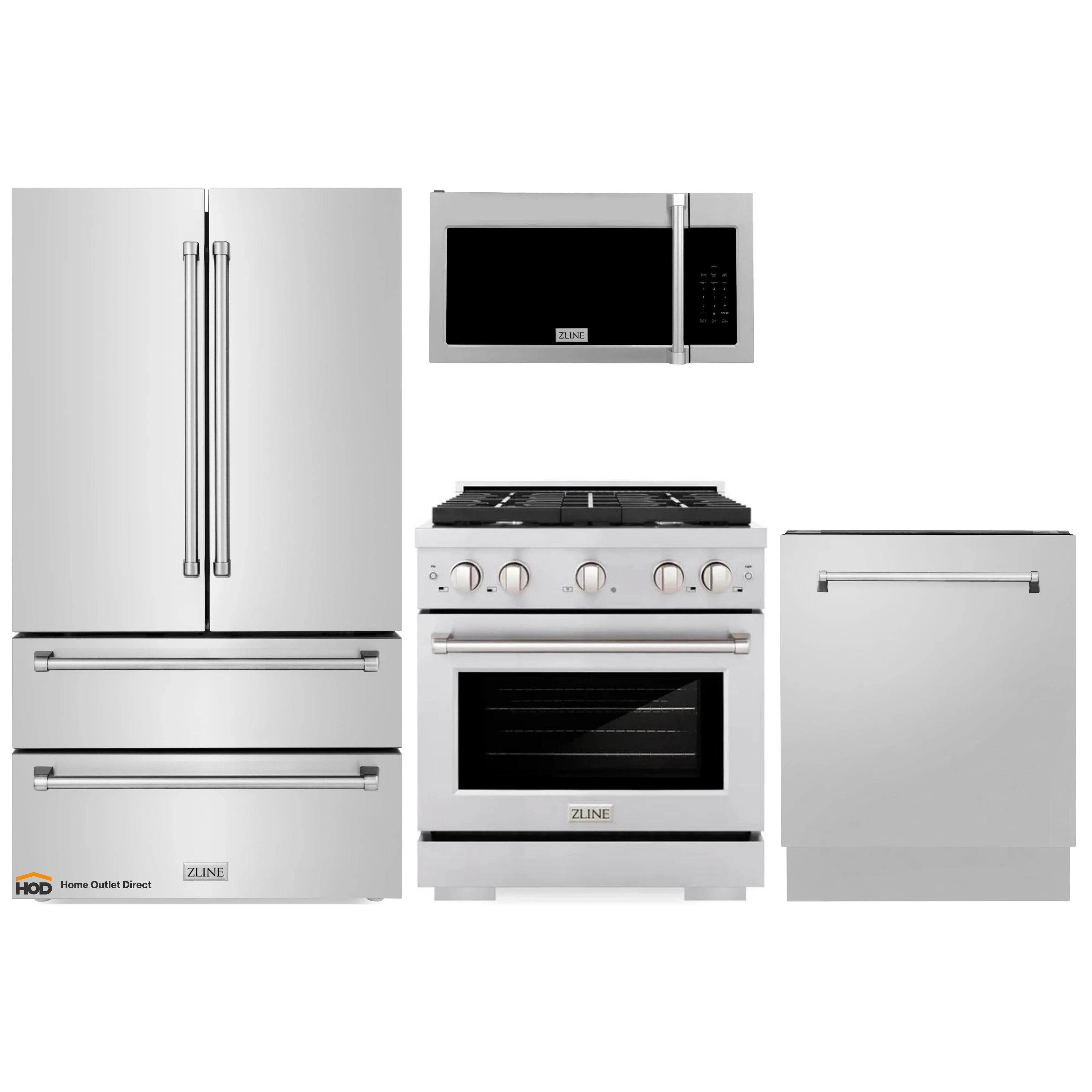 ZLINE 4-piece stainless appliance package: gas range, microwave, dishwasher, refrigerator