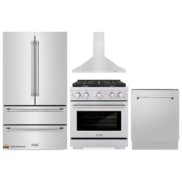 ZLINE 4-Piece Appliance Package - 30-Inch Gas Range, Refrigerator, Convertible Wall Mount Hood, and 3-Rack Dishwasher in Stainless Steel (4KPR-SGRRH30-DWV)