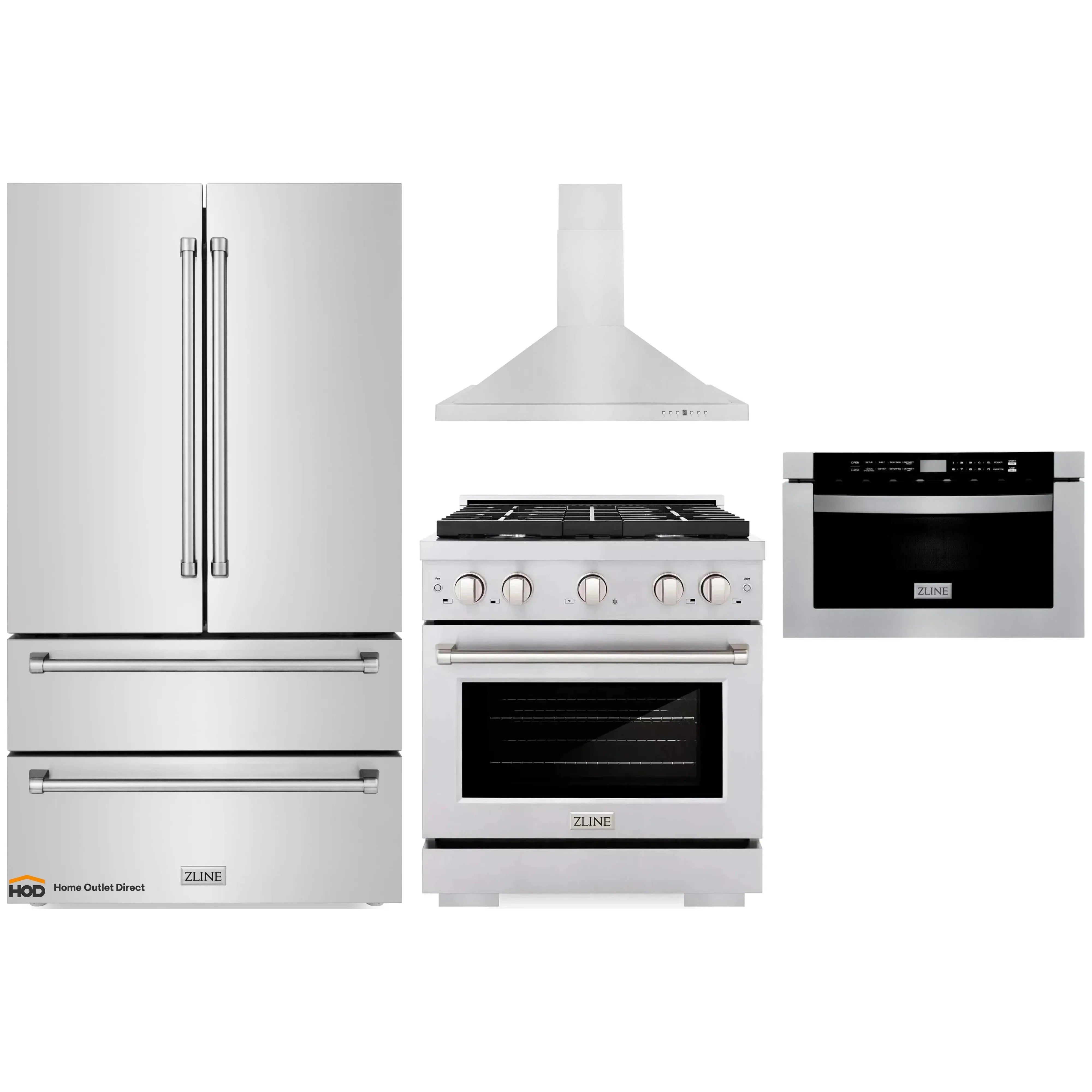 Stainless steel appliance set with gas range, refrigerator, wall hood, and microwave