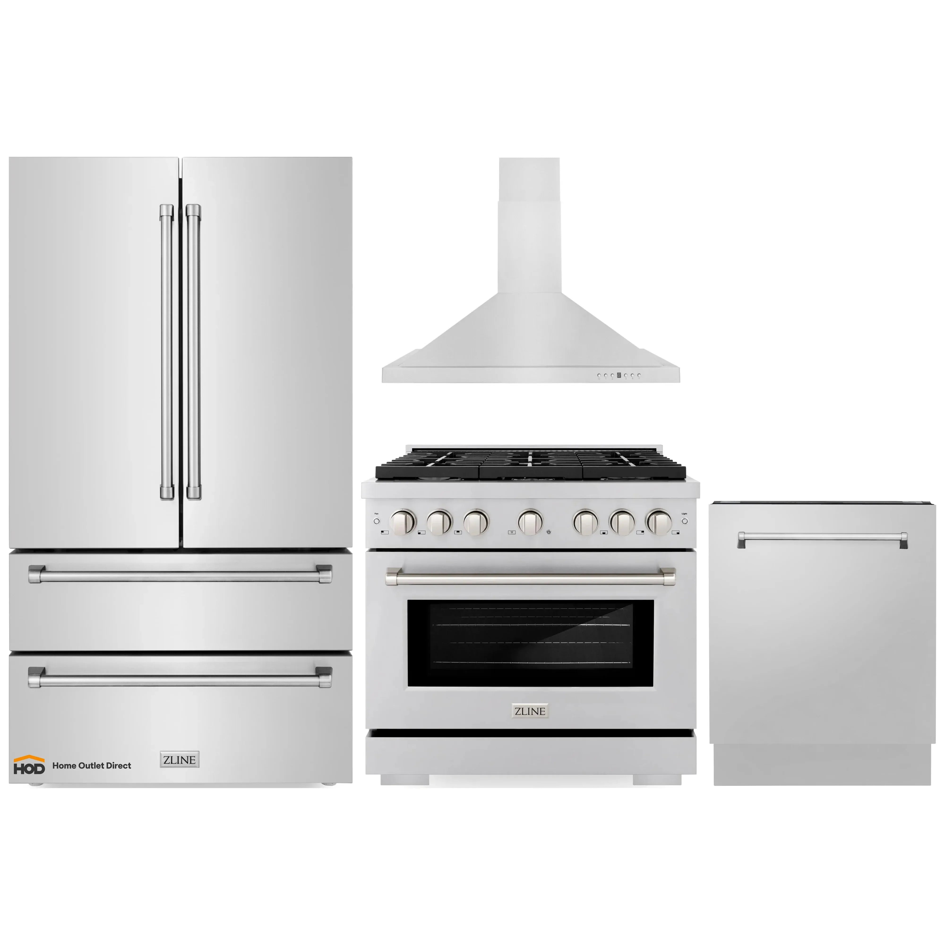 Stainless steel set featuring refrigerator, gas range, convertible wall hood, and dishwasher