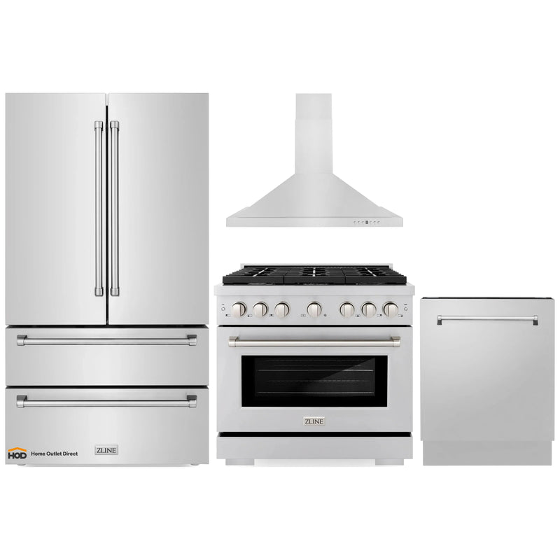 ZLINE 4-Piece Appliance Package - 36-Inch Gas Range, Refrigerator, Convertible Wall Mount Hood, and 3-Rack Dishwasher in Stainless Steel (4KPR-SGRRH36-DWV)