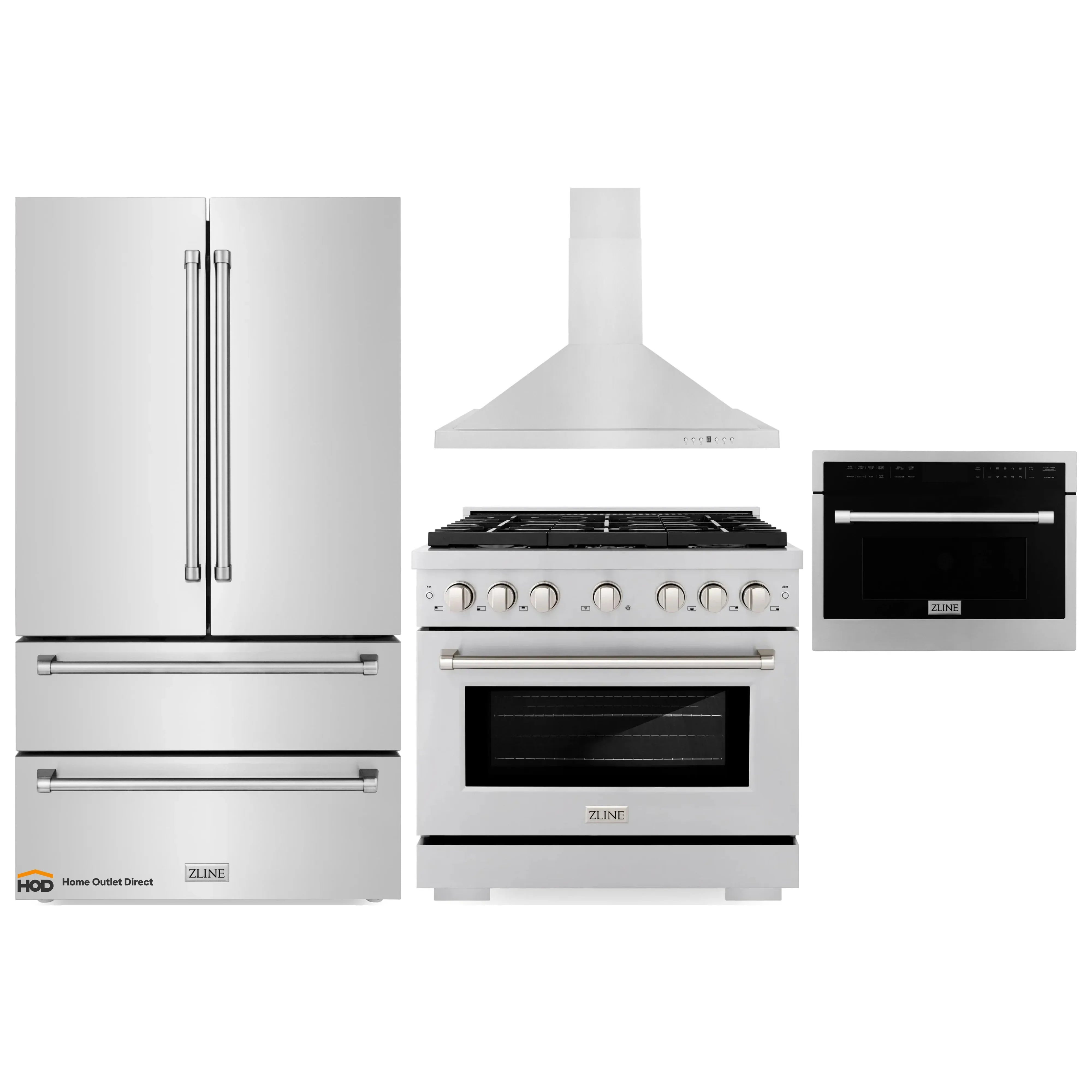 Stainless steel 4-piece appliance package with refrigerator, gas range, hood, and microwave