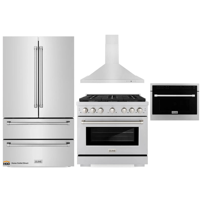 ZLINE 4-Piece Appliance Package - 36-Inch Gas Range, Refrigerator, Convertible Wall Mount Hood, and Microwave Oven in Stainless Steel (4KPR-RGRH36-MO)