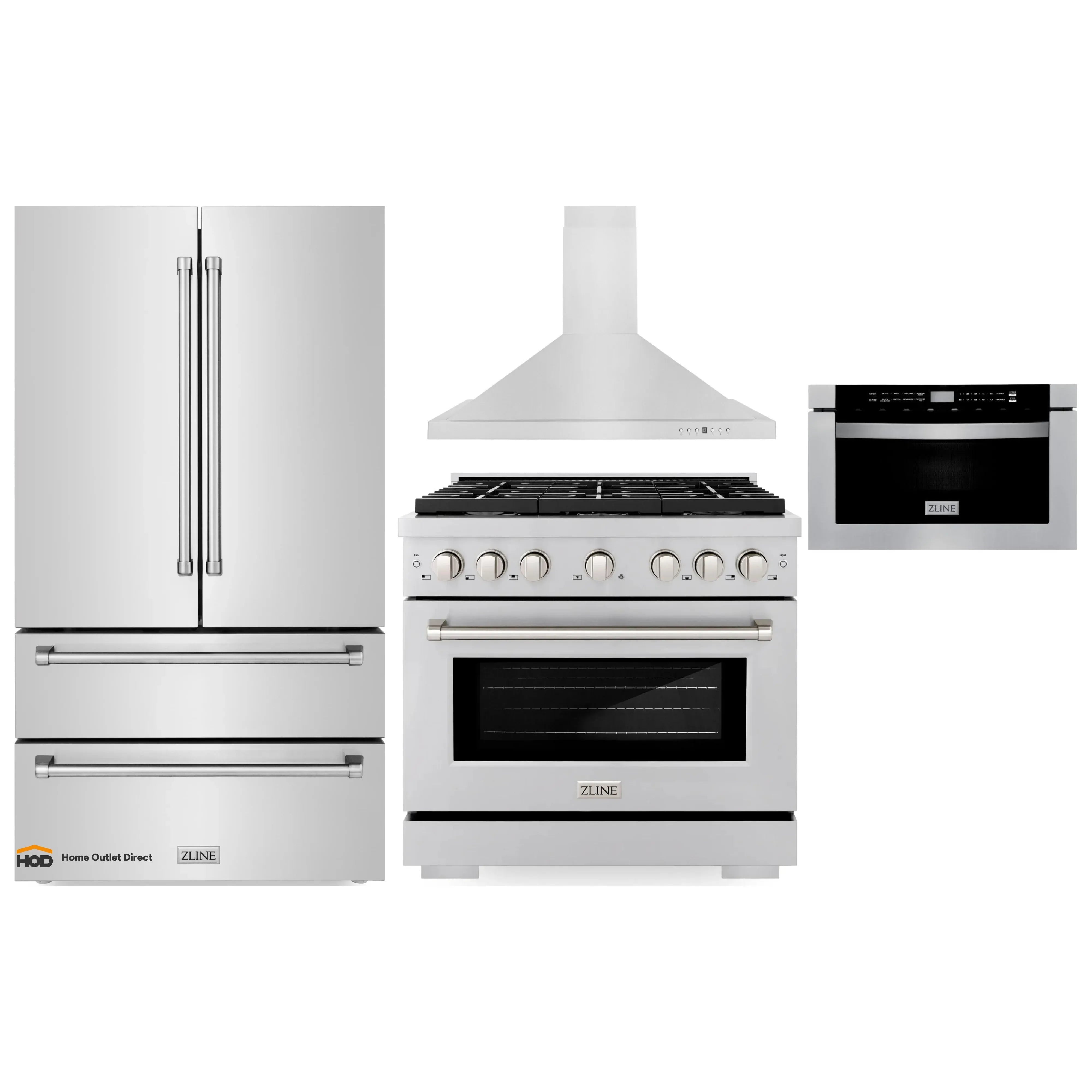 Stainless appliance package with refrigerator, gas range, wall hood, and microwave