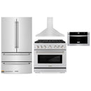 ZLINE 4-Piece Appliance Package - 36-Inch Gas Range, Refrigerator, Convertible Wall Mount Hood, and Microwave Drawer in Stainless Steel (4KPR-SGRRH36-MW)