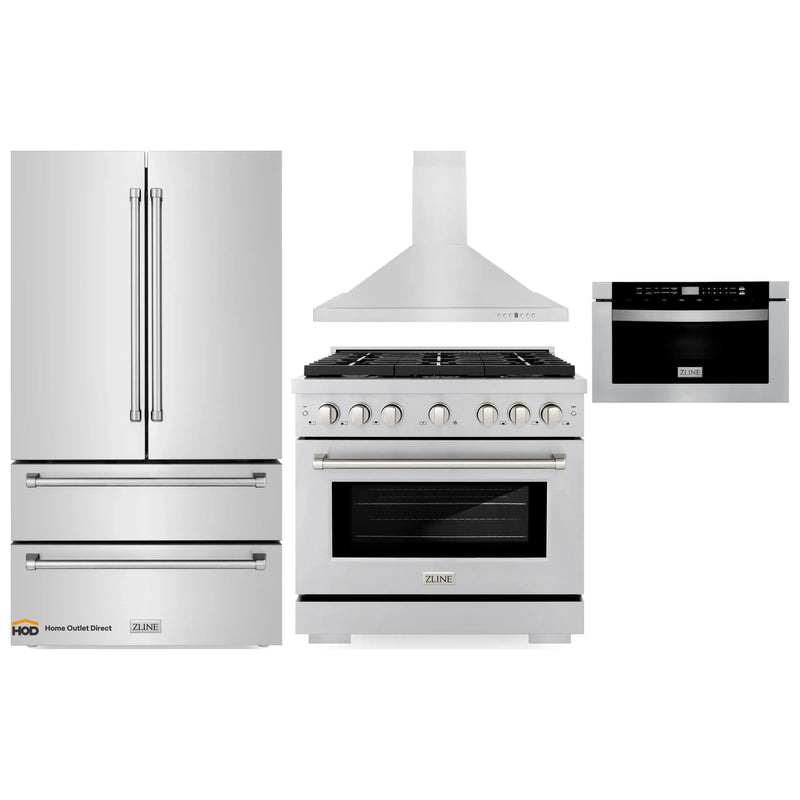 ZLINE 4-Piece Appliance Package - 36-Inch Gas Range, Refrigerator, Convertible Wall Mount Hood, and Microwave Drawer in Stainless Steel (4KPR-RGRH36-MW)