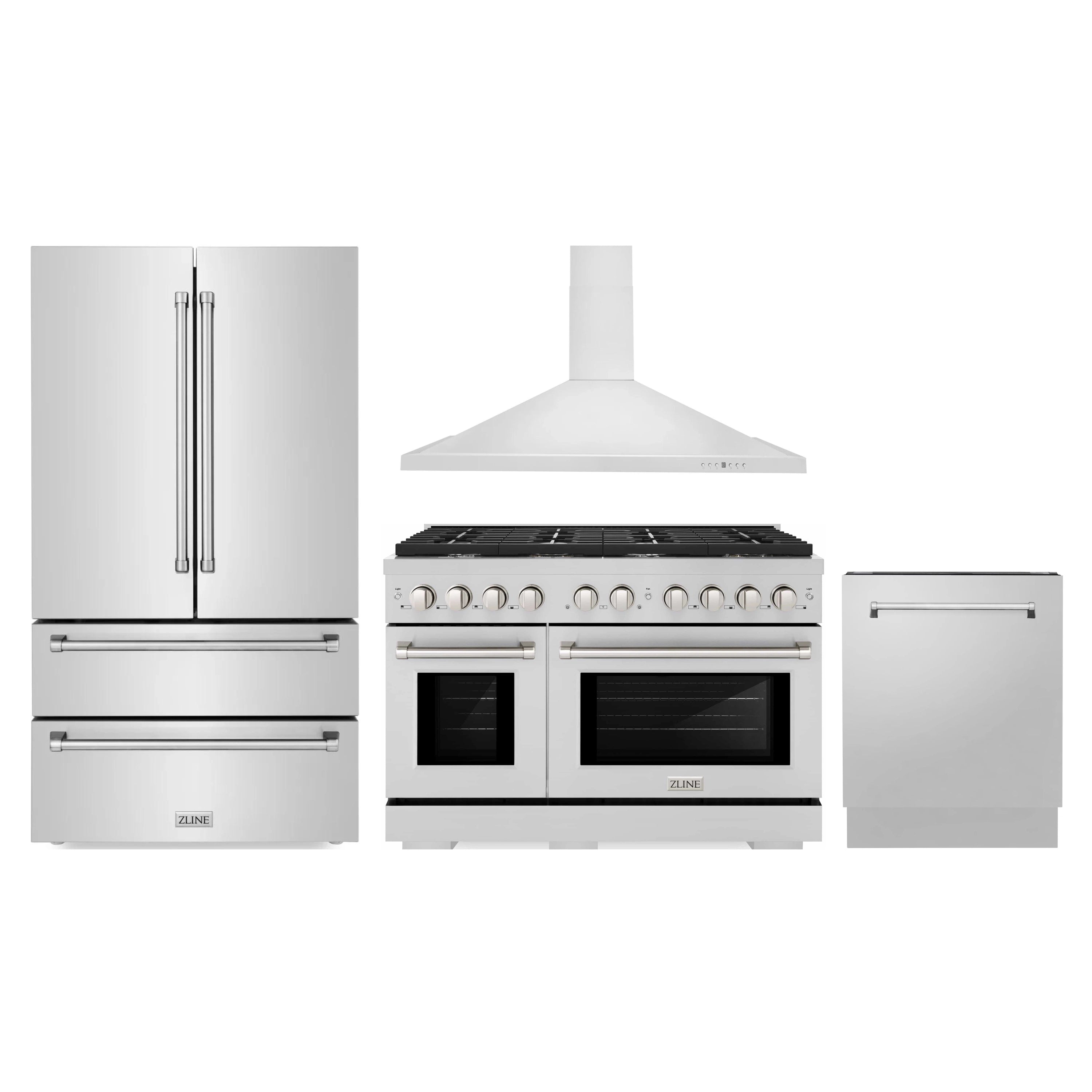 Set of white kitchen appliances: refrigerator, gas range with hood, and dishwasher
