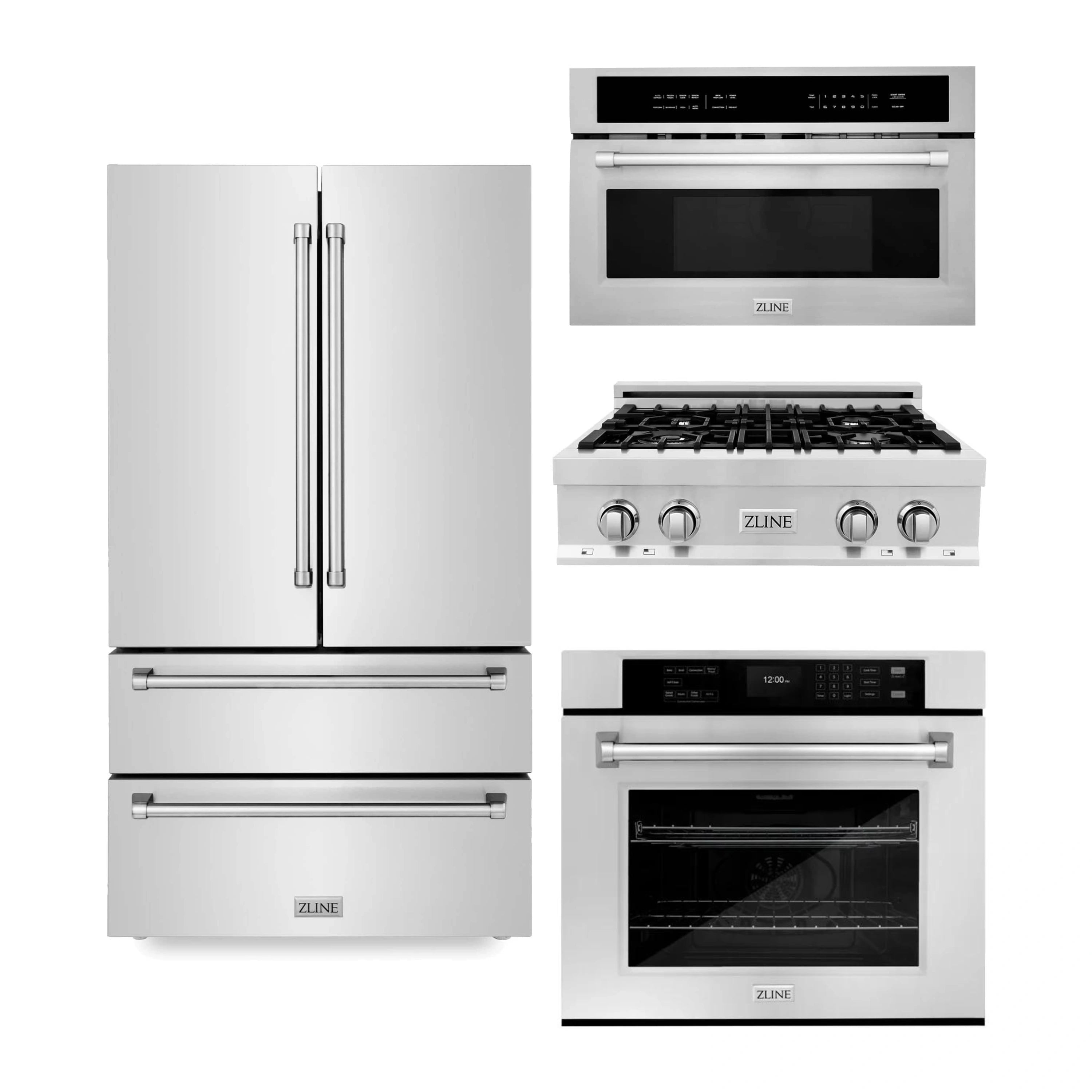 Stainless steel appliance package showing refrigerator, cooktop, and wall oven