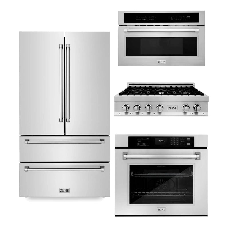 ZLINE 4-Piece Appliance Package - 36-Inch Rangetop, 30” Wall Oven, 36” Refrigerator, and Microwave Oven in Stainless Steel (4KPR-RT36-MWAWS)