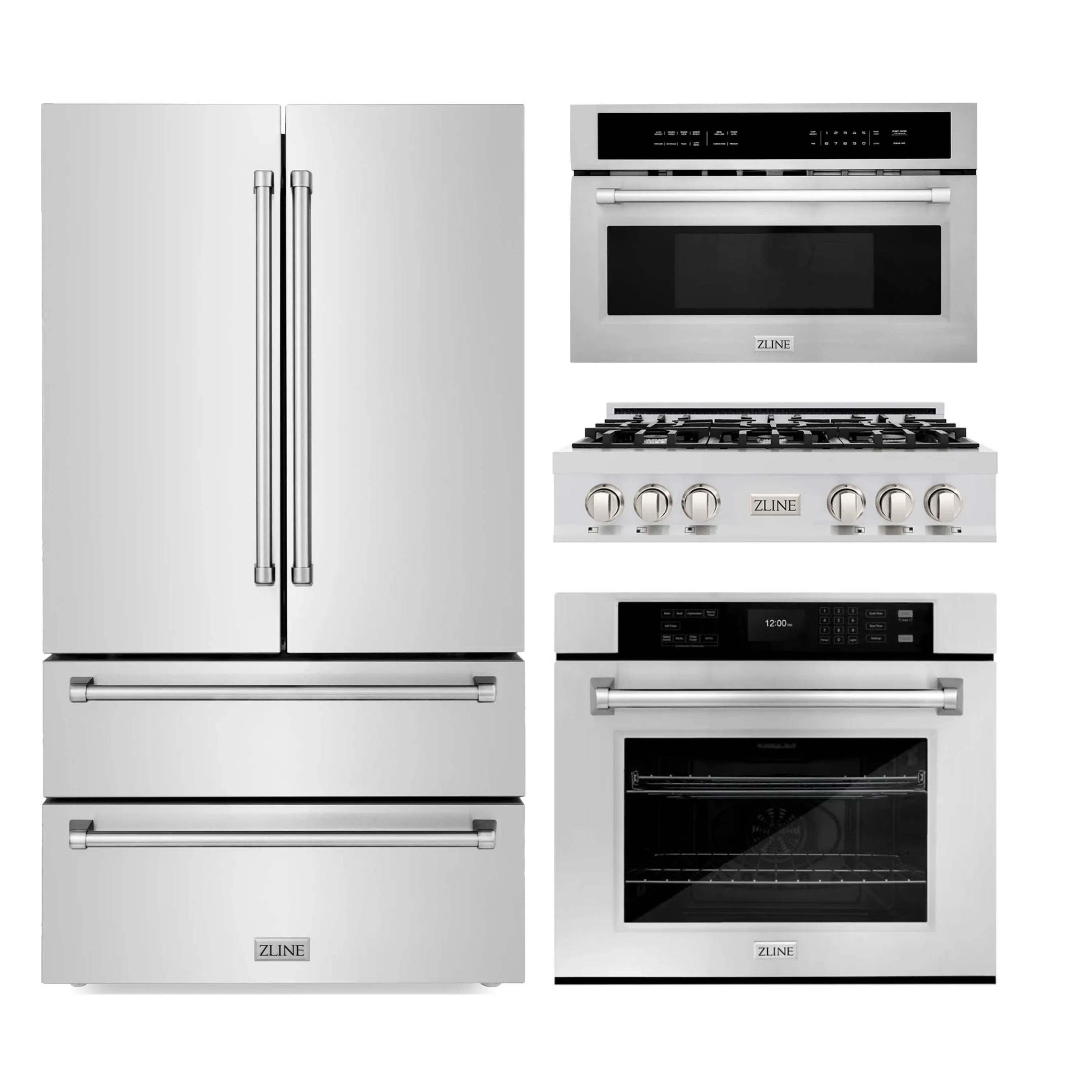 Stainless steel 4-piece appliance package with refrigerator, range, oven, and microwave